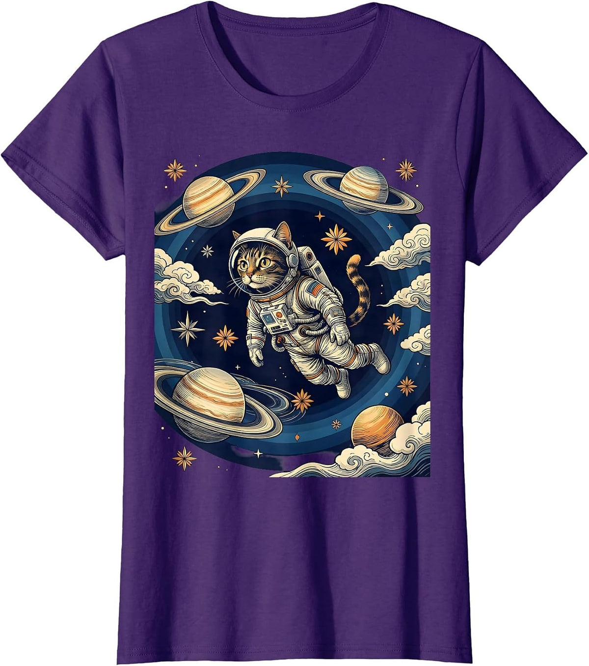 Women's Cat Astronaut Floating in Outer Space Illustration T-Shirt - Purple