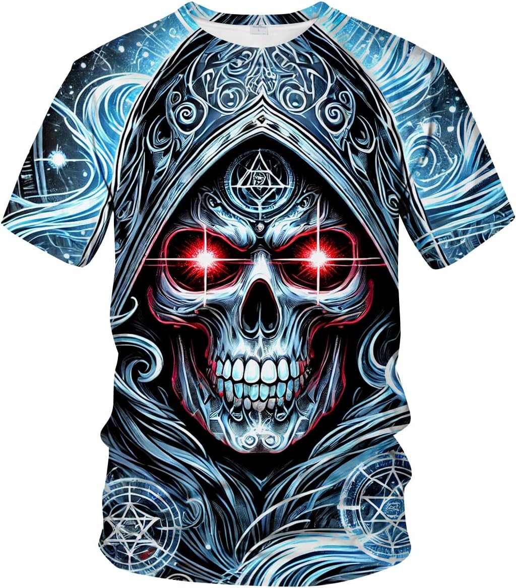 Novelty Men's Gothic Skull T-Shirt Dark Fantasy Graphic Tee Shirt - Silver