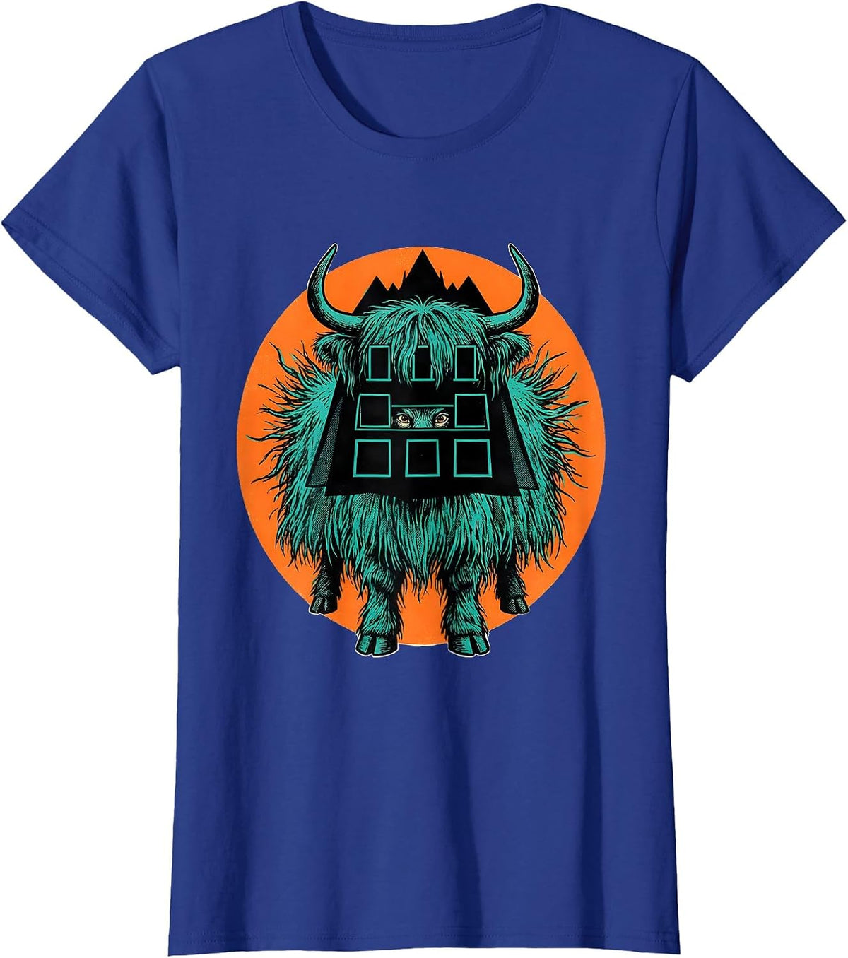Women's Highland Cow Haunted House Cape Halloween Fall Costume Humor T-Shirt - Royal Blue