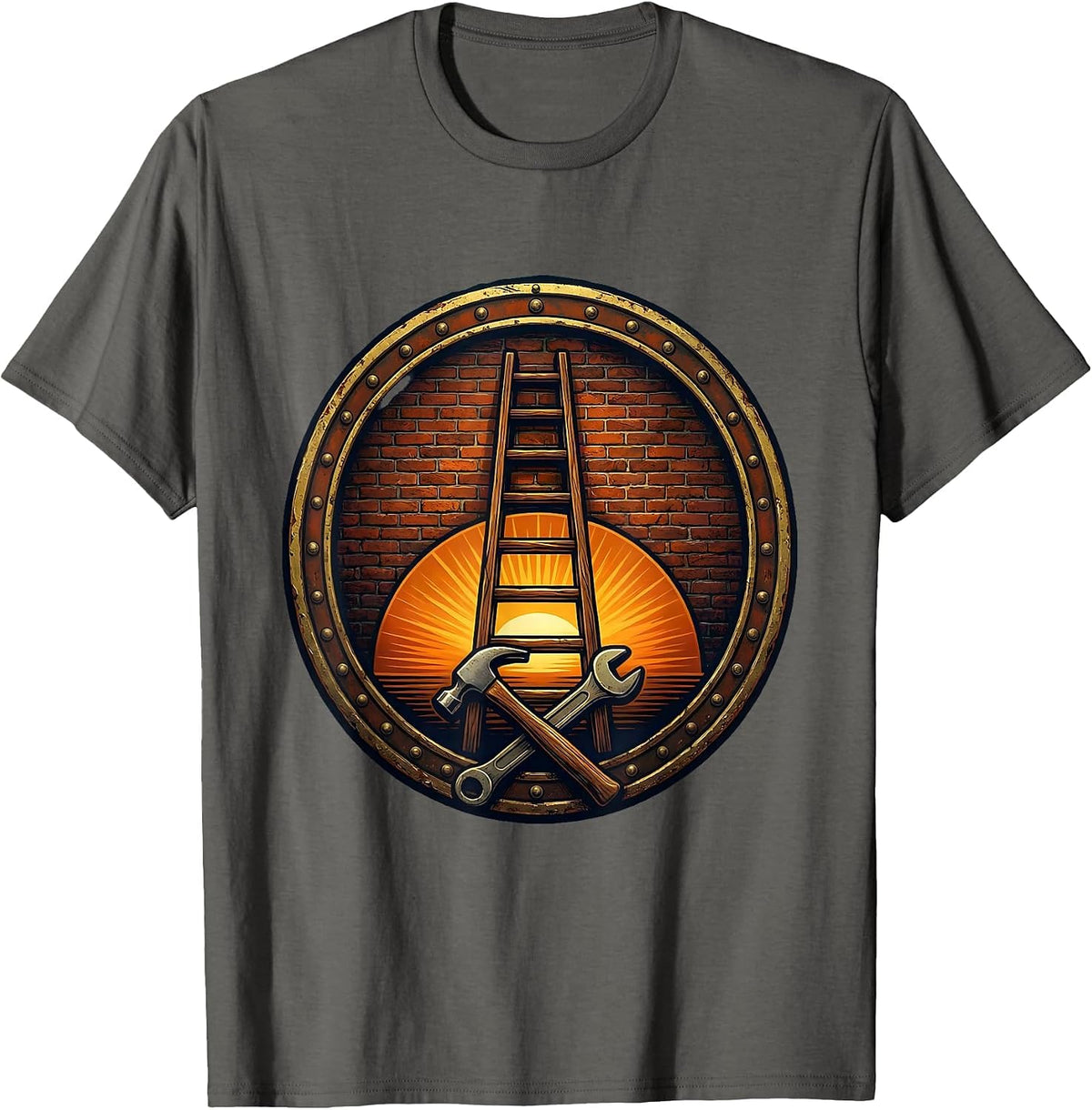 Labor Day Ladder Brick Wall Dusk Illustration T-Shirt - Asphalt Grey