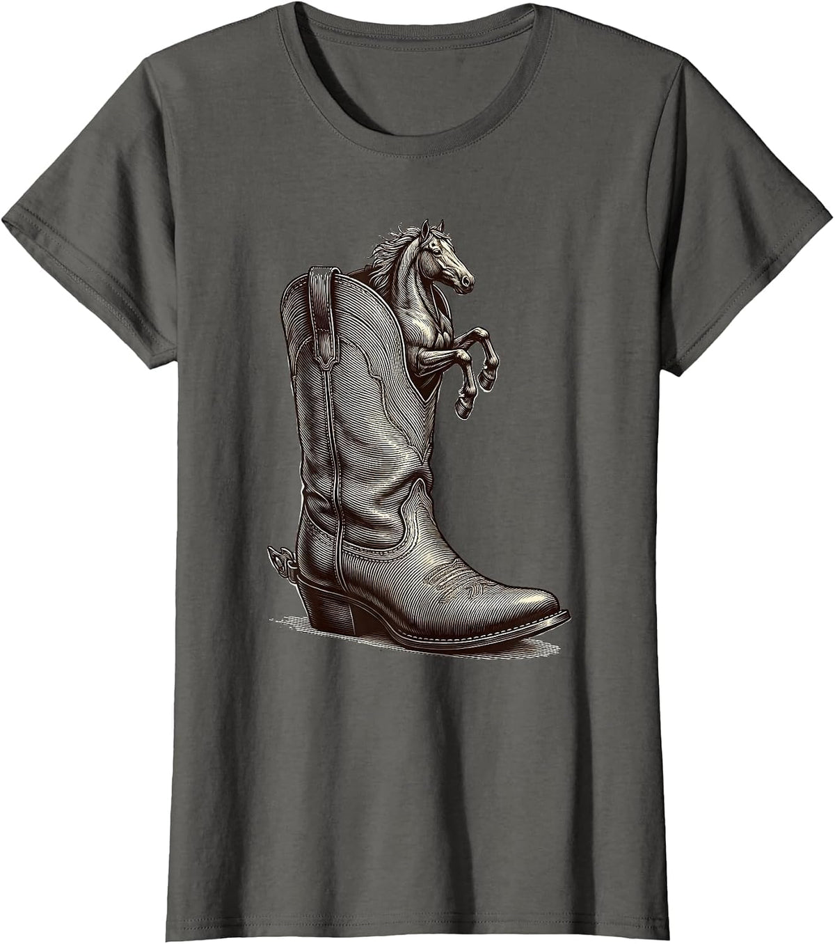 Women's Cowboy Boot Tiny Horse Illustration T-Shirt - Asphalt Grey