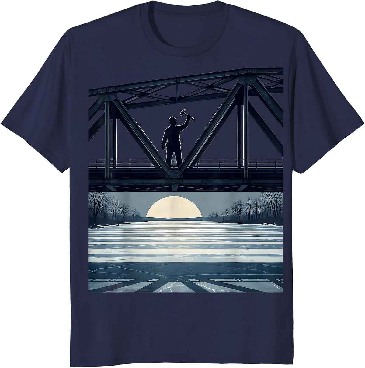 Boston Ironworker Bridge Over Frozen River T-Shirt - Navy Blue