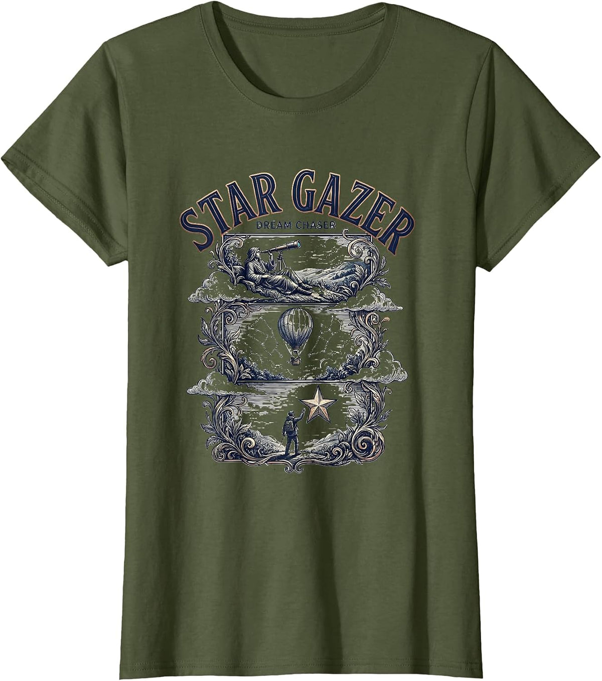 Women's Star Gazer Dream Chaser Celestial Design T-Shirt - Olive Green