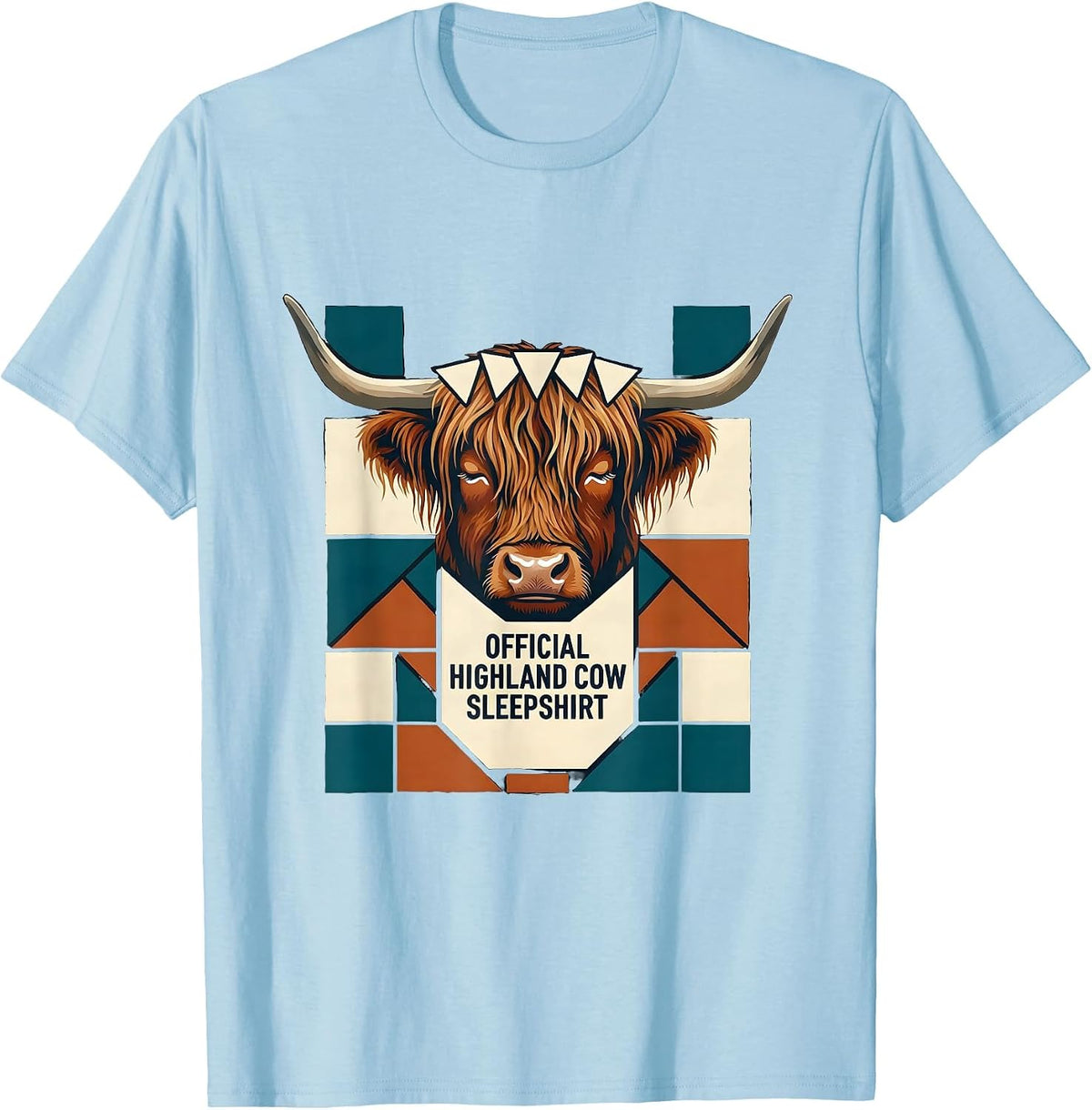 Men's Official Highland Cow Sleepshirt Cozy Quilt Block Patchwork T-Shirt - Baby Blue