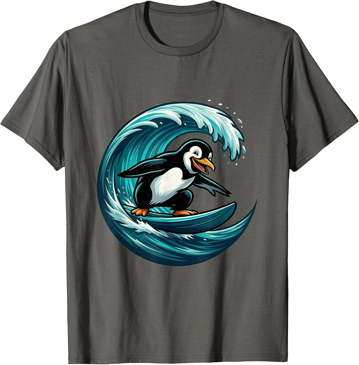 Men's Penguin Surfing a Giant Ocean Wave T-Shirt - Asphalt Grey