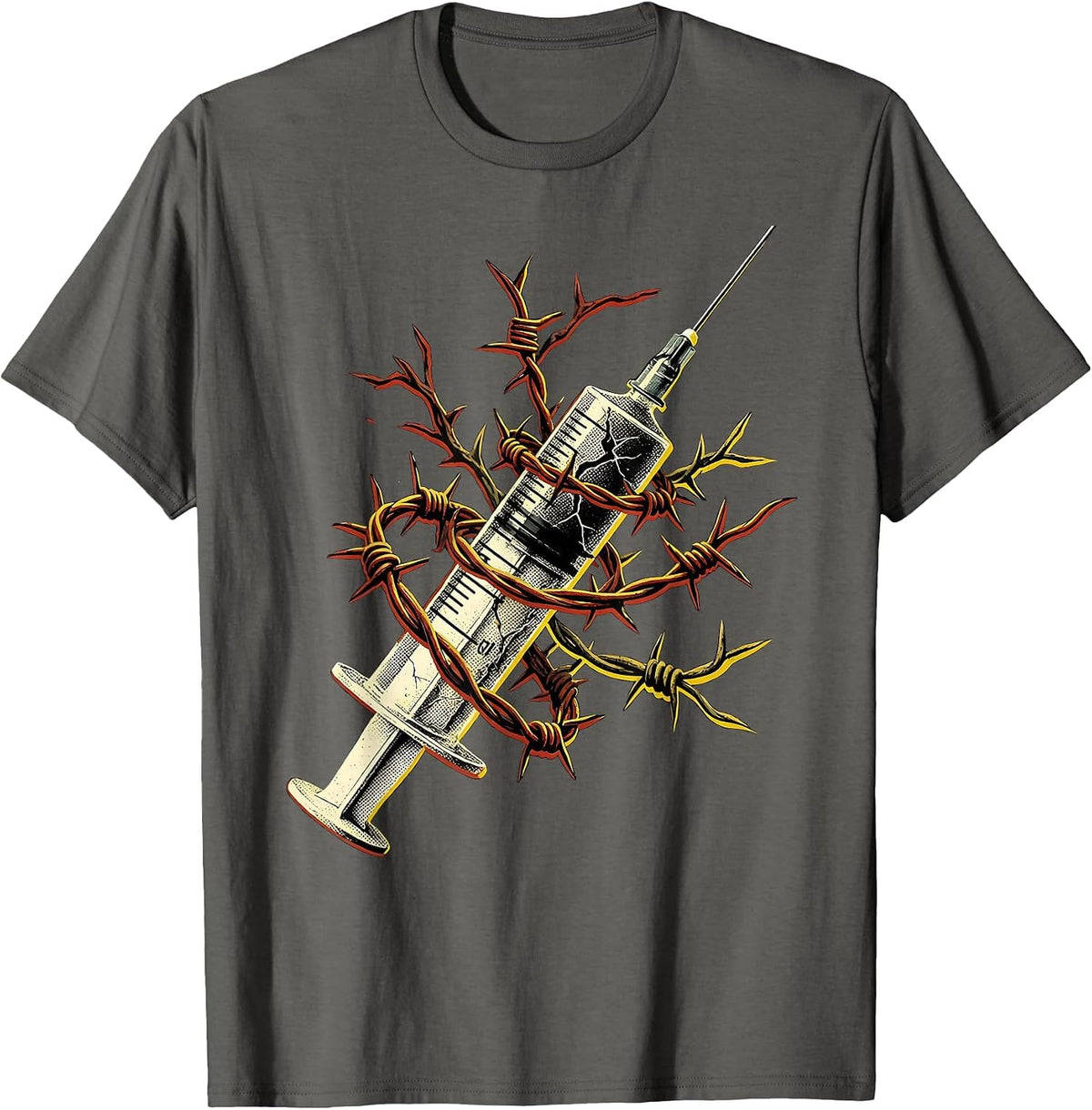 Grunge Syringe Barbed Wire Dark Art Design T-Shirt - Asphalt Grey