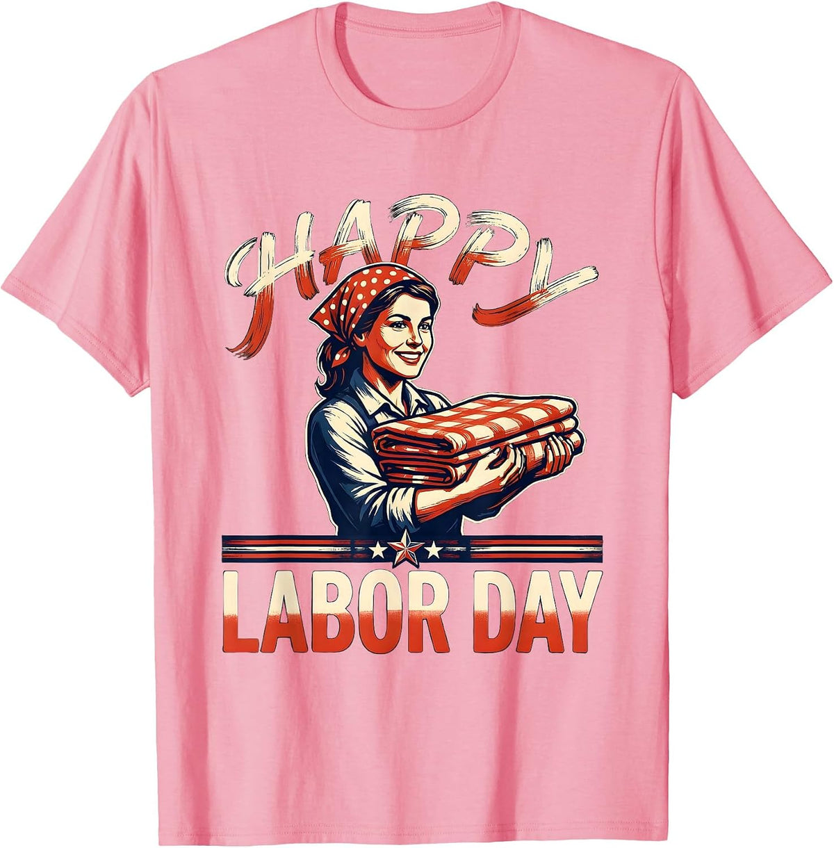 Men's Happy Labor Day Patriotic Woman Messy Bun Mom USA Flag T-Shirt - Pink