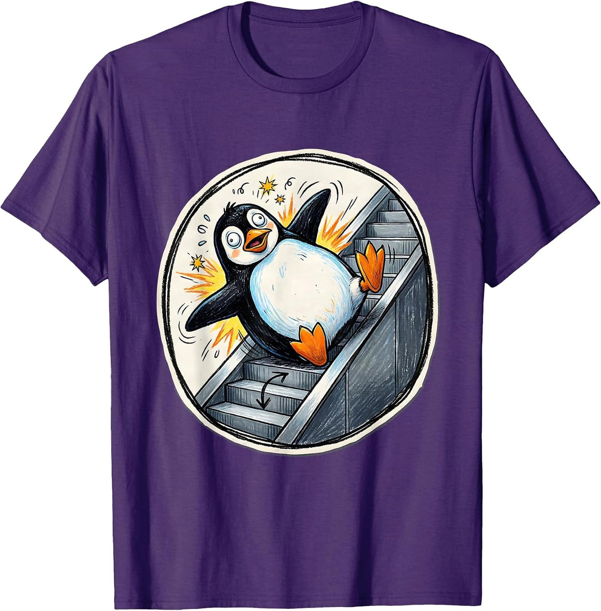 Funny Penguin Escalator Fail Graphic Design T-Shirt - Purple
