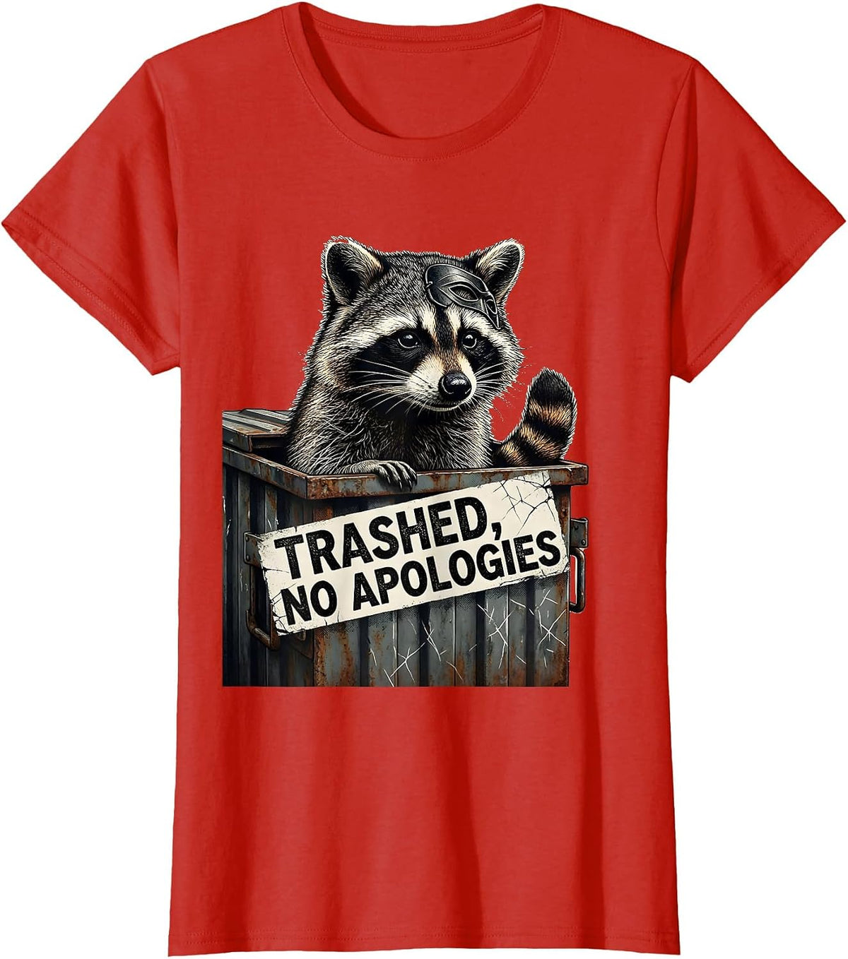 Women's Trashed No Apologies Distressed Raccoon Humor T-Shirt - Red