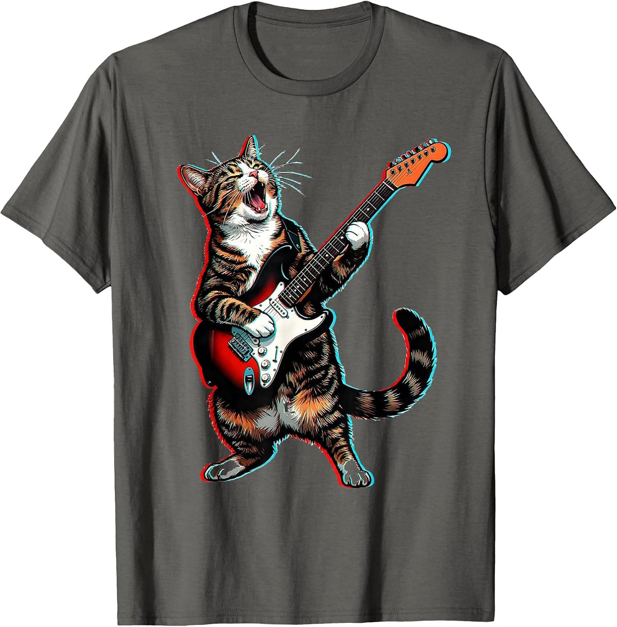 Rock Guitarist Cat Pop Art Funny Cat Lover Gift T-Shirt - Asphalt Grey