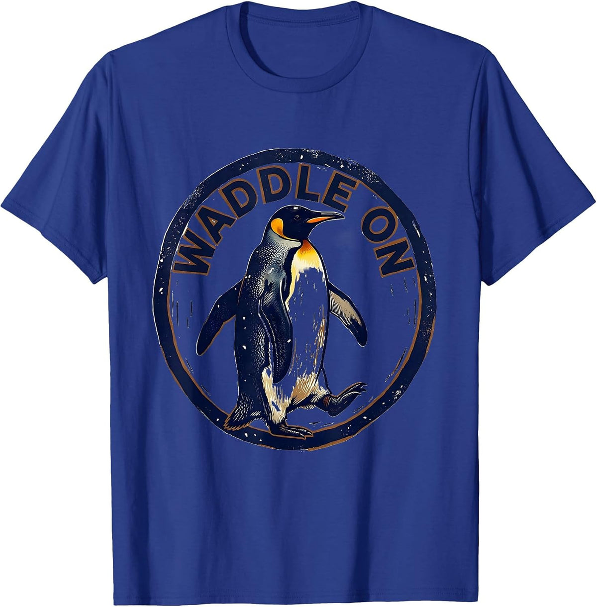 Waddle On Linocut Penguin Lover Humor Animal Enthusiast T-Shirt - Royal Blue