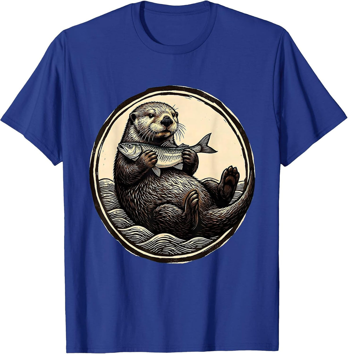 Men's Otter Floating on Back Holding Fish Illustration T-Shirt - Royal Blue