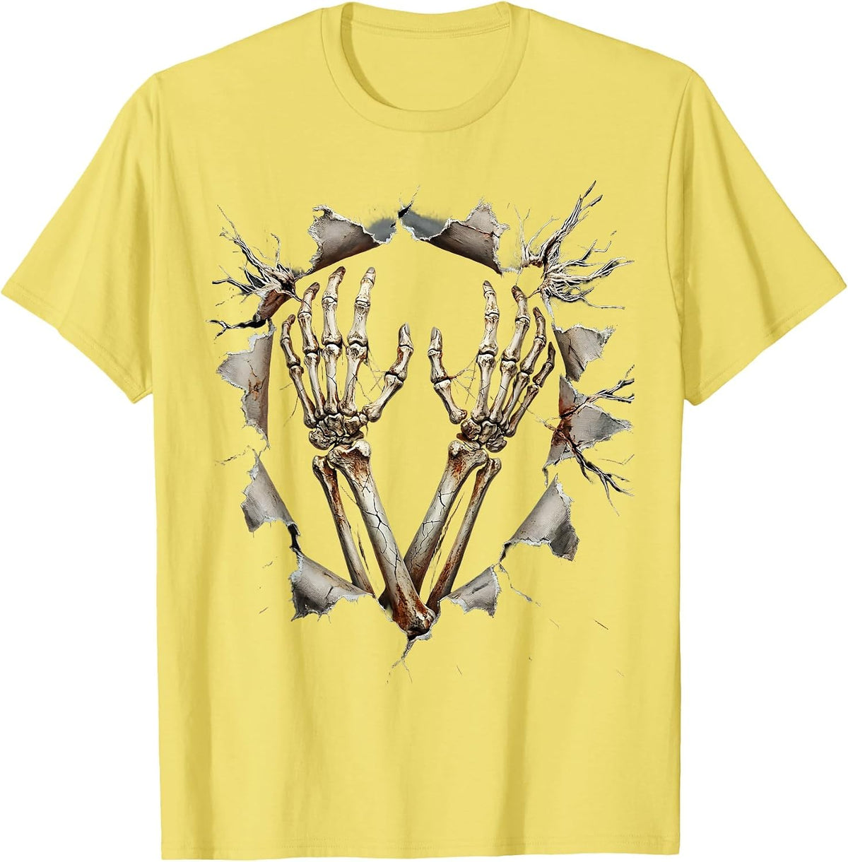 Men's Skeleton Hands Breaking Through Torn Fabric T-Shirt - Lemon Yellow