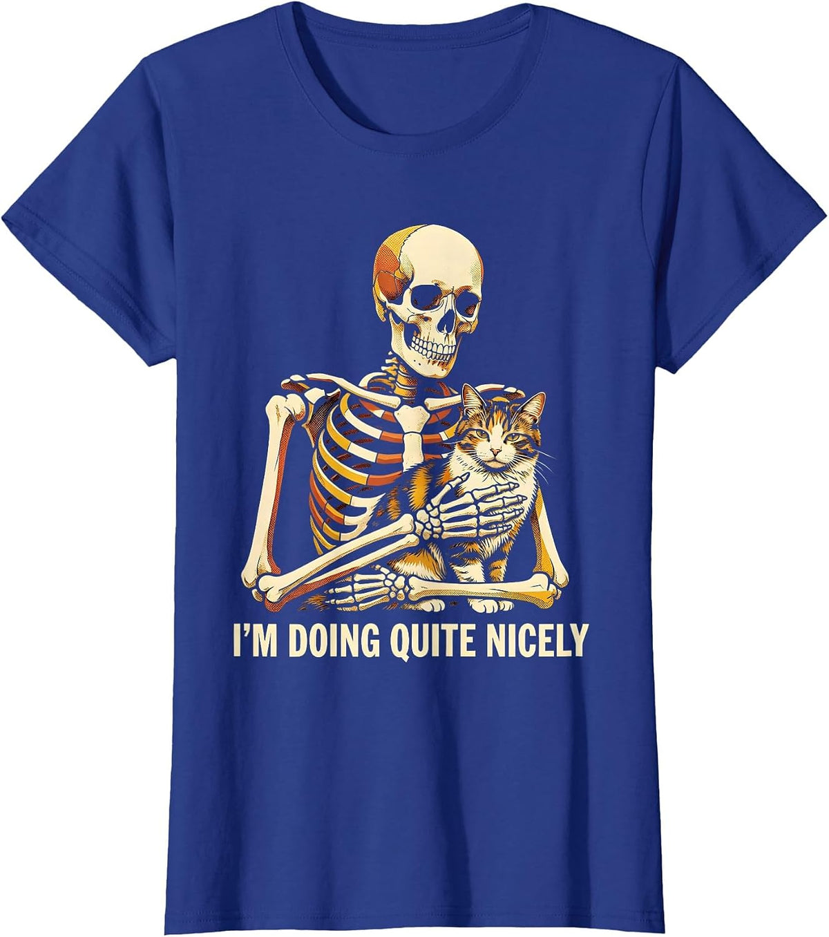 Women's I'm Doing Quite Nicely Risograph Skeleton Hugging Cat T-Shirt - Royal Blue