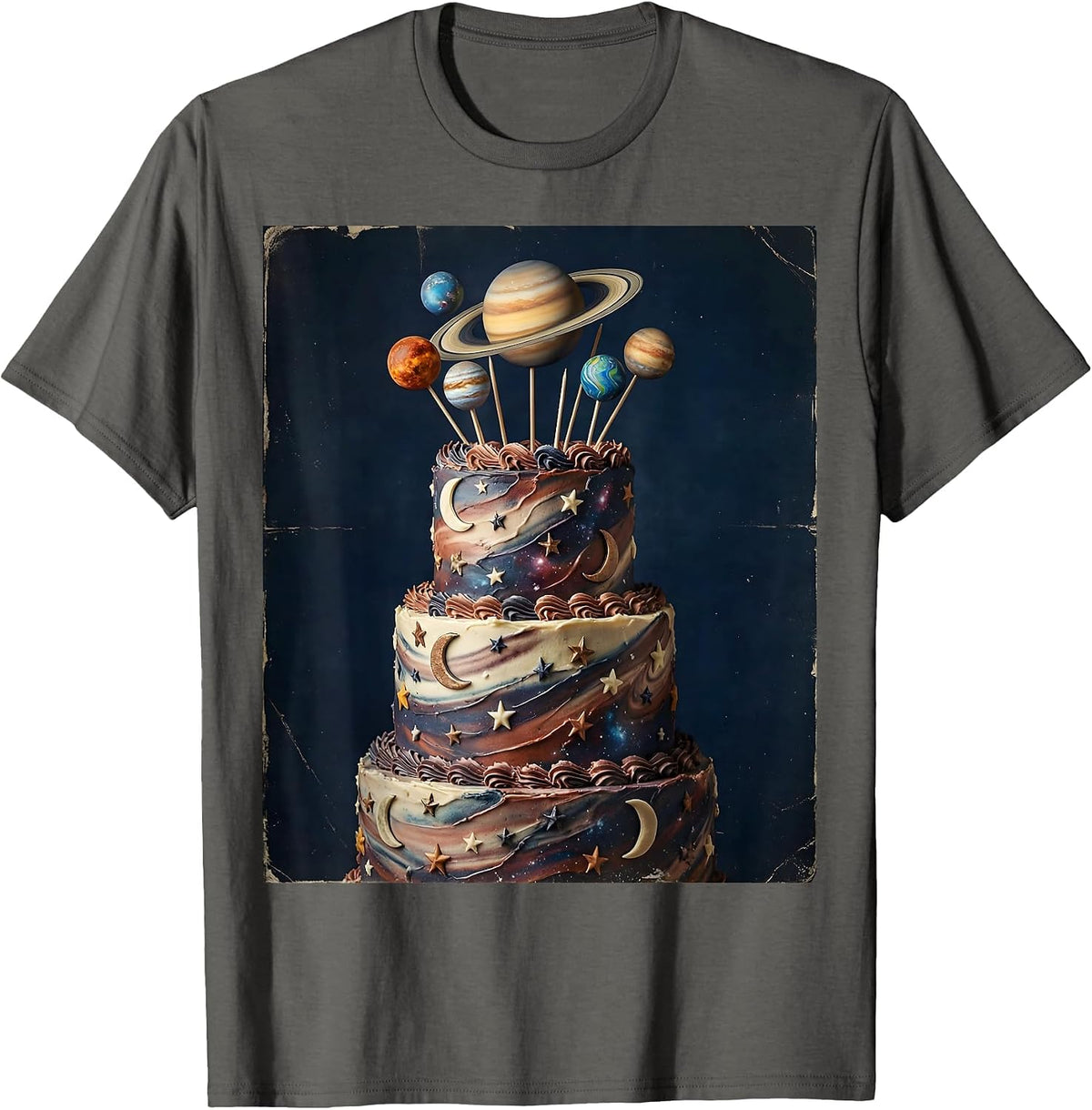 Galaxy Birthday Cake with Planet Toppers Illustration T-Shirt - Asphalt Grey