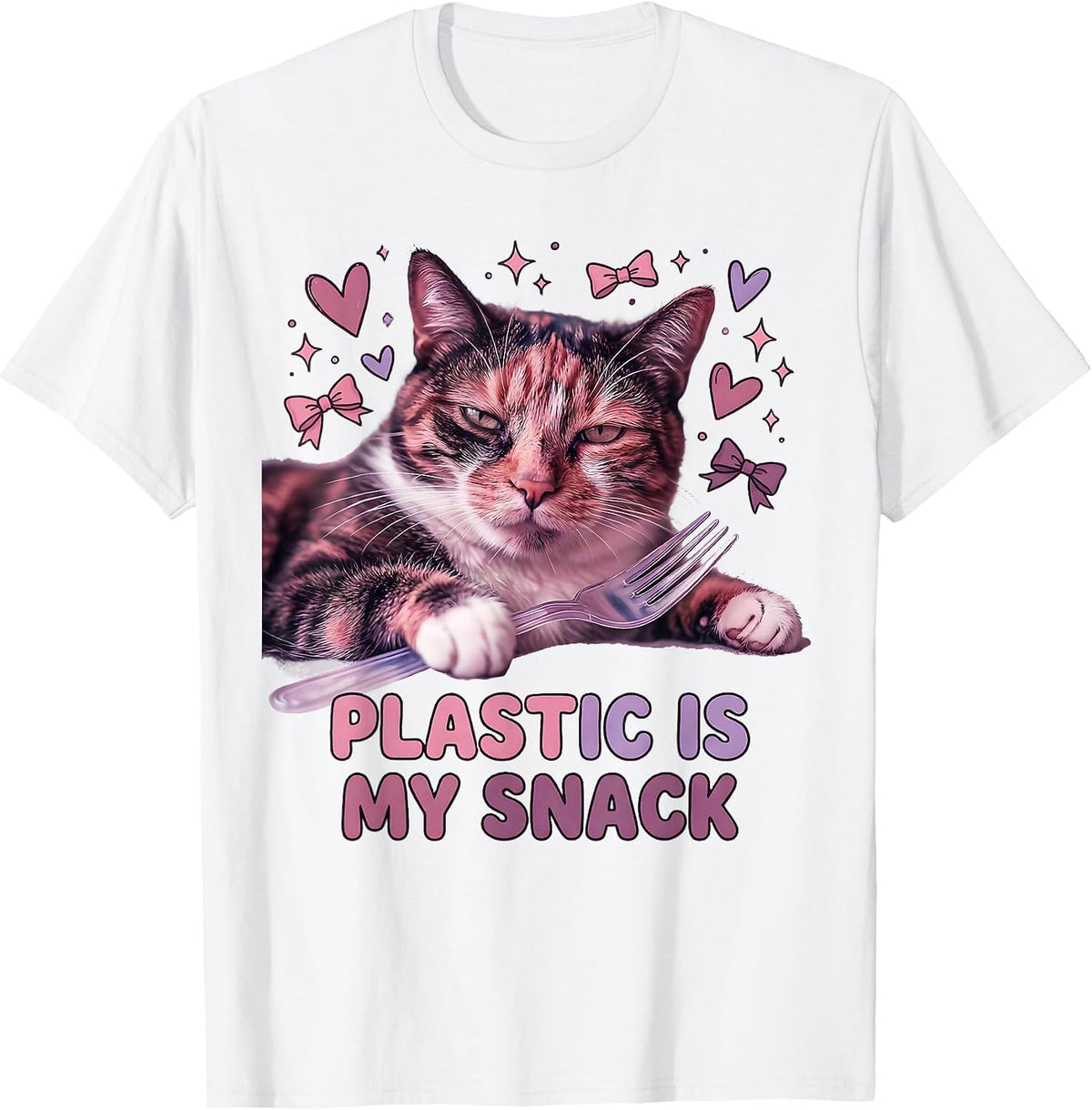 Plastic Is My Snack Cute Cat Meme Absurdist Irony T-Shirt - White