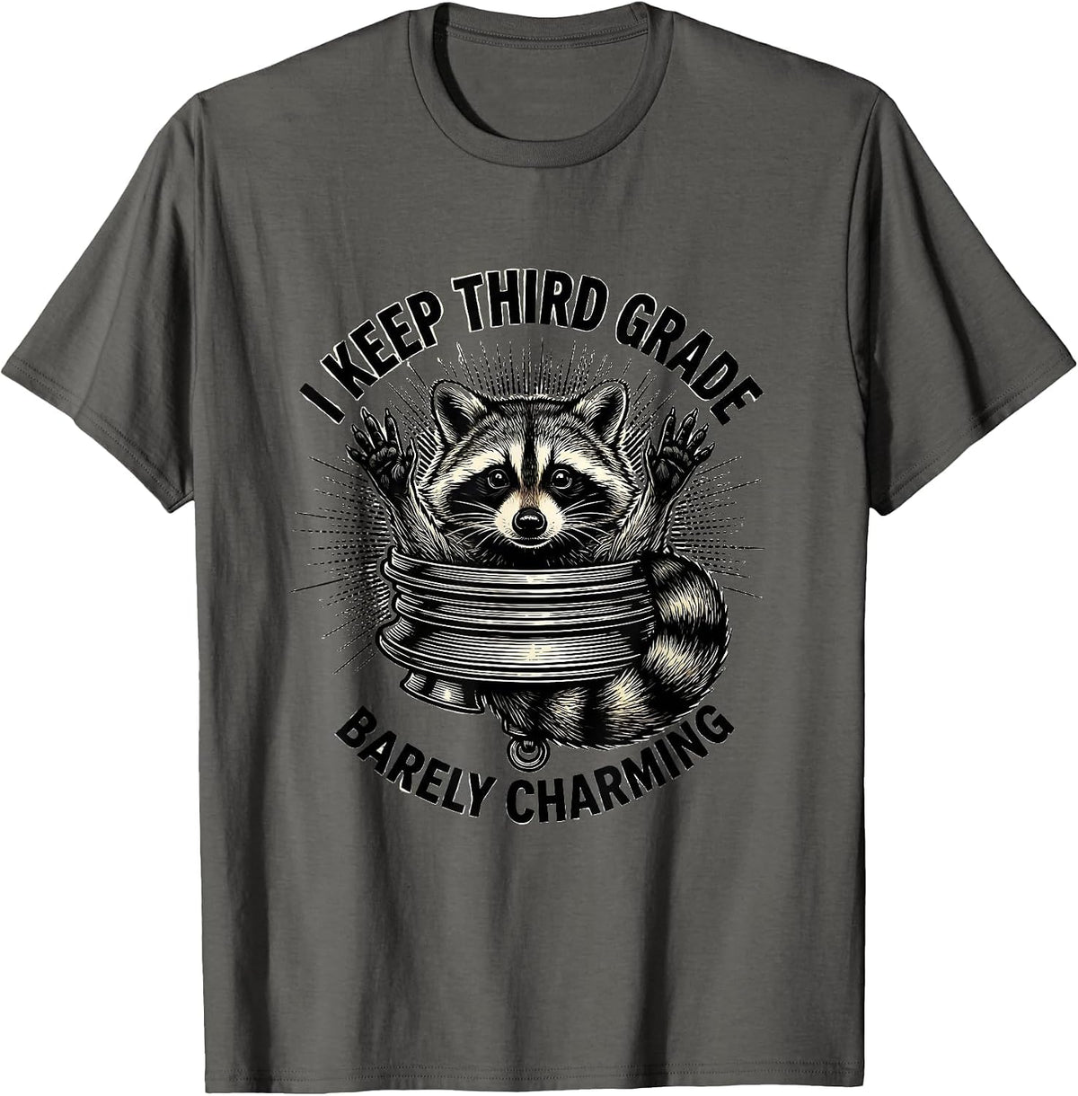 Men's I Keep Third Grade Barely Charming Funny Raccoon Teacher T-Shirt - Asphalt Grey