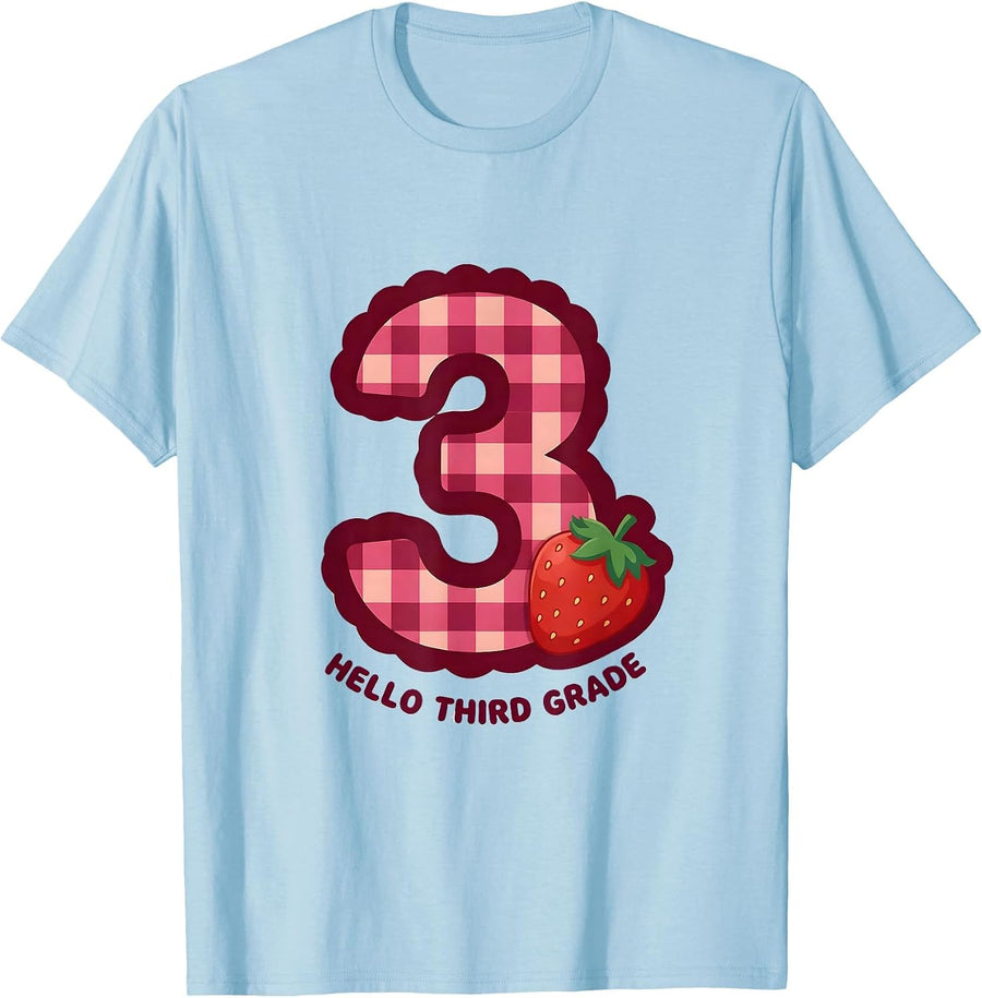 Men's Hello Third Grade Cute Gingham Picnic Teacher Student Back T-Shirt - Baby Blue