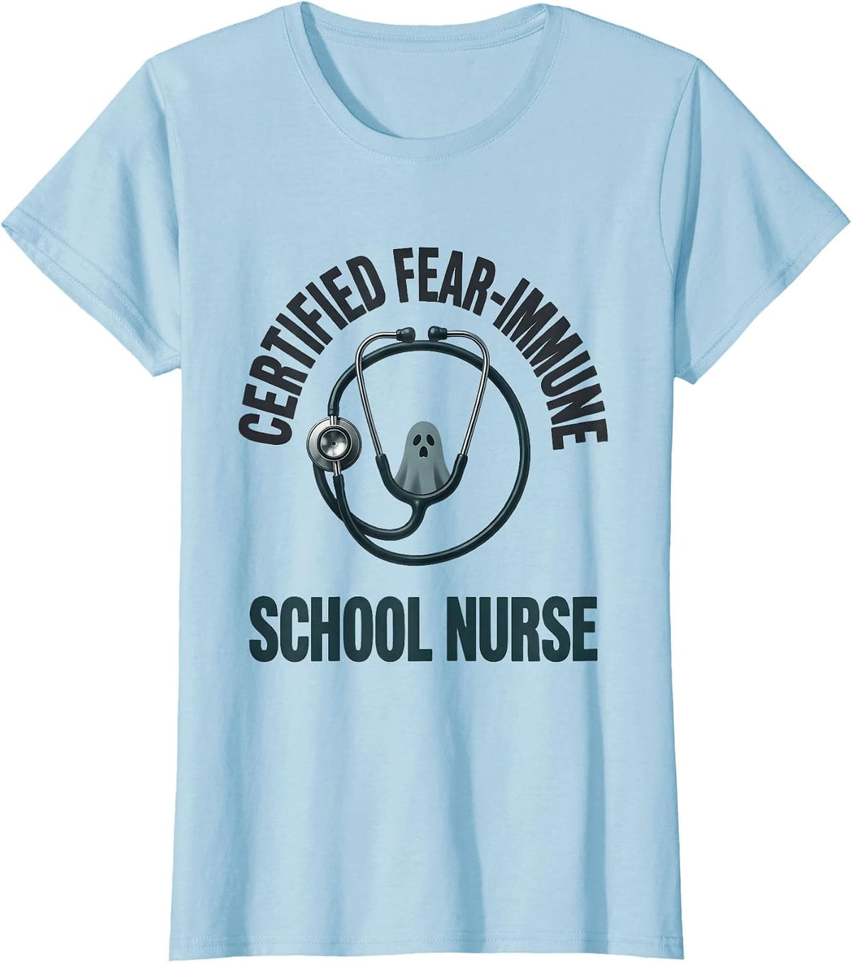 Certified Fear-Immune: School Nurse Minimalist Halloween T-Shirt - Baby Blue