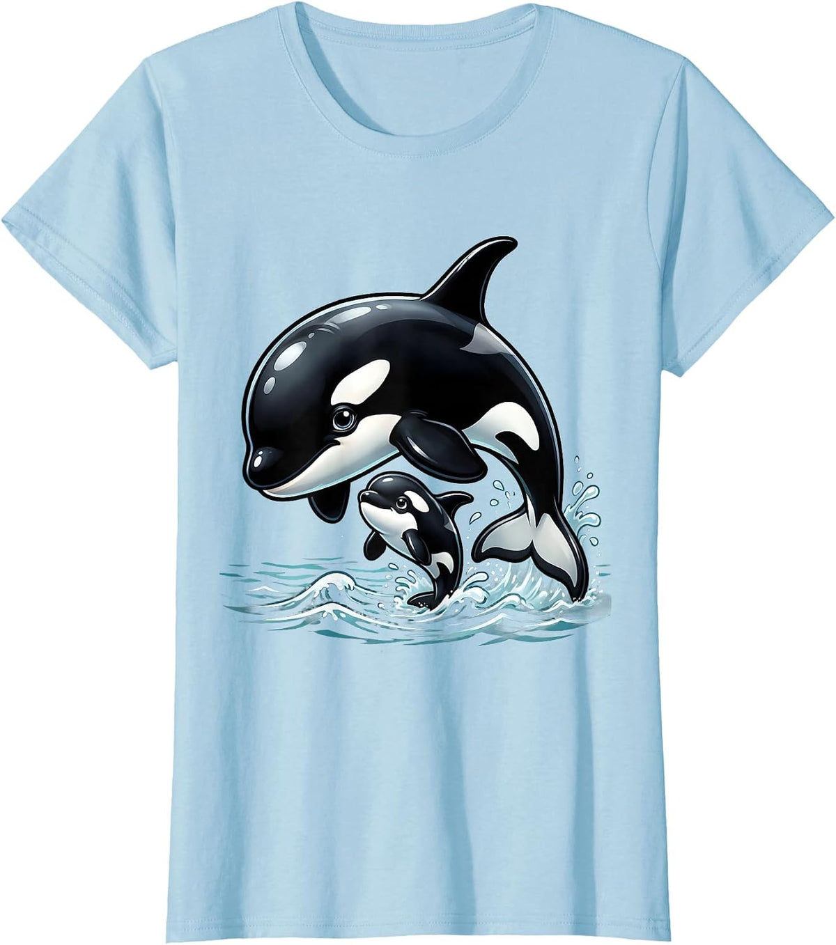 Mama and Baby Orca Ocean Wildlife Design T-Shirt - Baby Blue