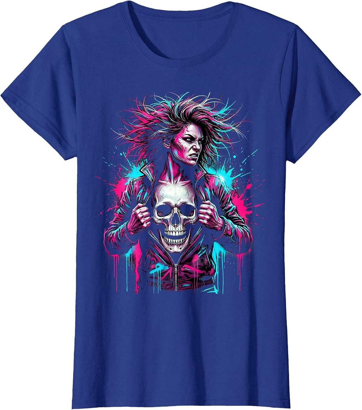 Women's Fierce Skull Reveal Rock Graphic Tee T-Shirt - Royal Blue