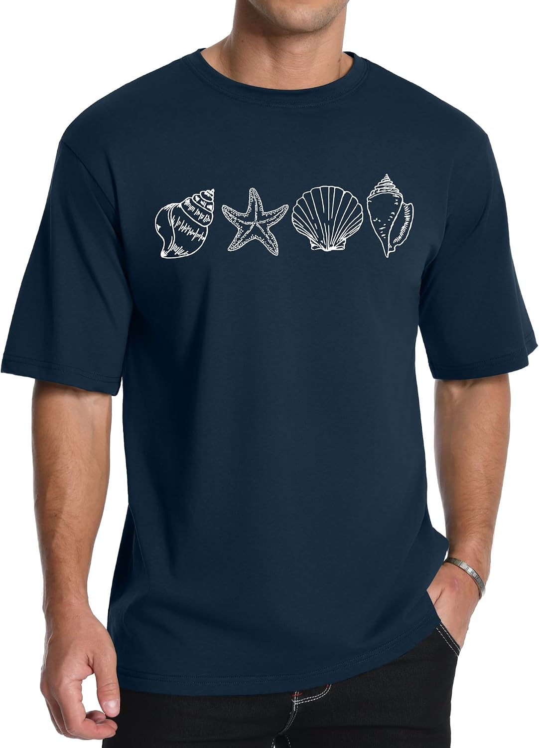 Aiyino Men's Seashell Beach Starfish Coastal 100% Cotton Graphic Tee - Navy