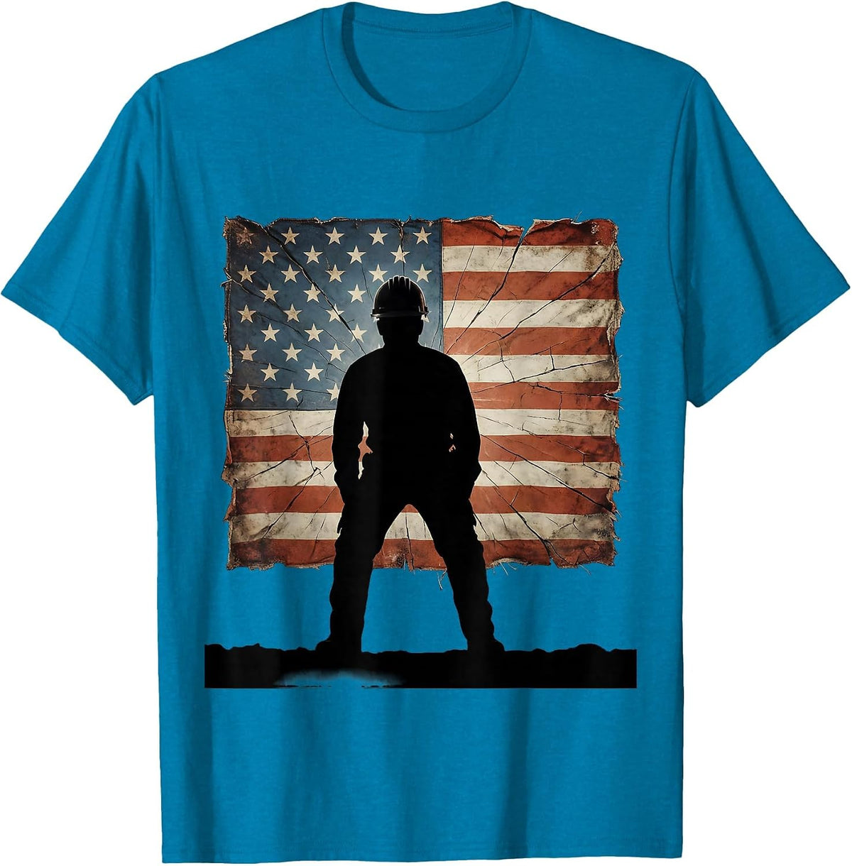 Construction Worker Hard Hat American Flag Patch T-Shirt - Sapphire Blue