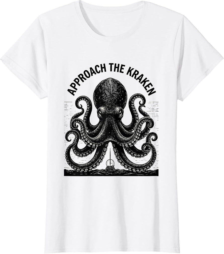 Women's Approach The Kraken Scratchboard Vintage Octopus Lover T-Shirt - White