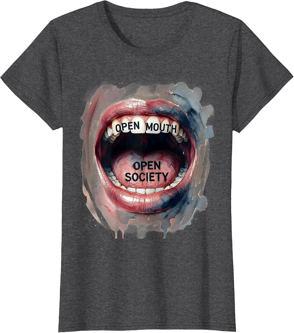 Women's Open Mouth Open Society Free Speech Design T-Shirt - Dark Heather Grey