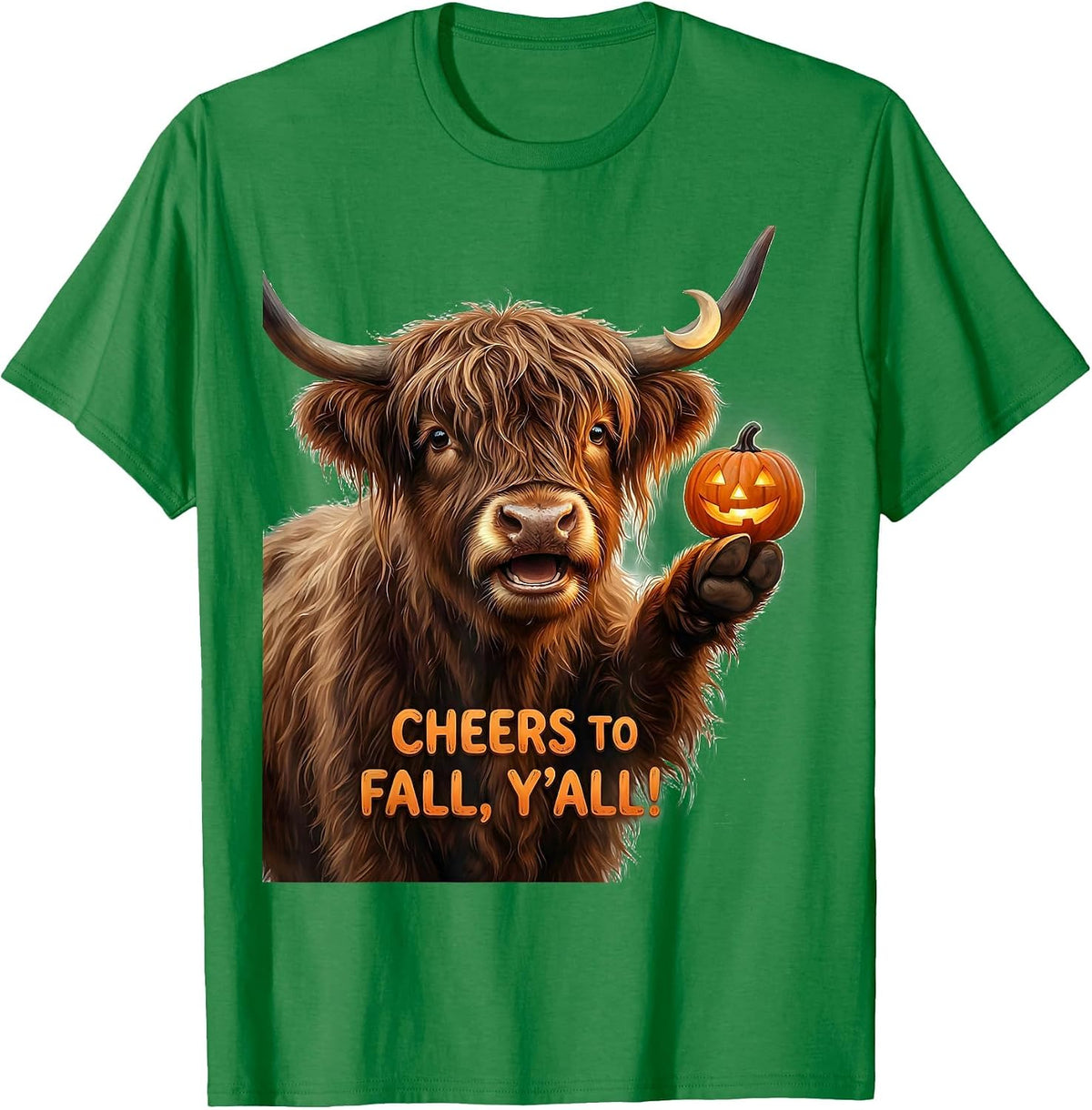 Men's Cheers To Fall, Y'all! Funny Highland Cow Halloween Pun T-Shirt - Kelly Green