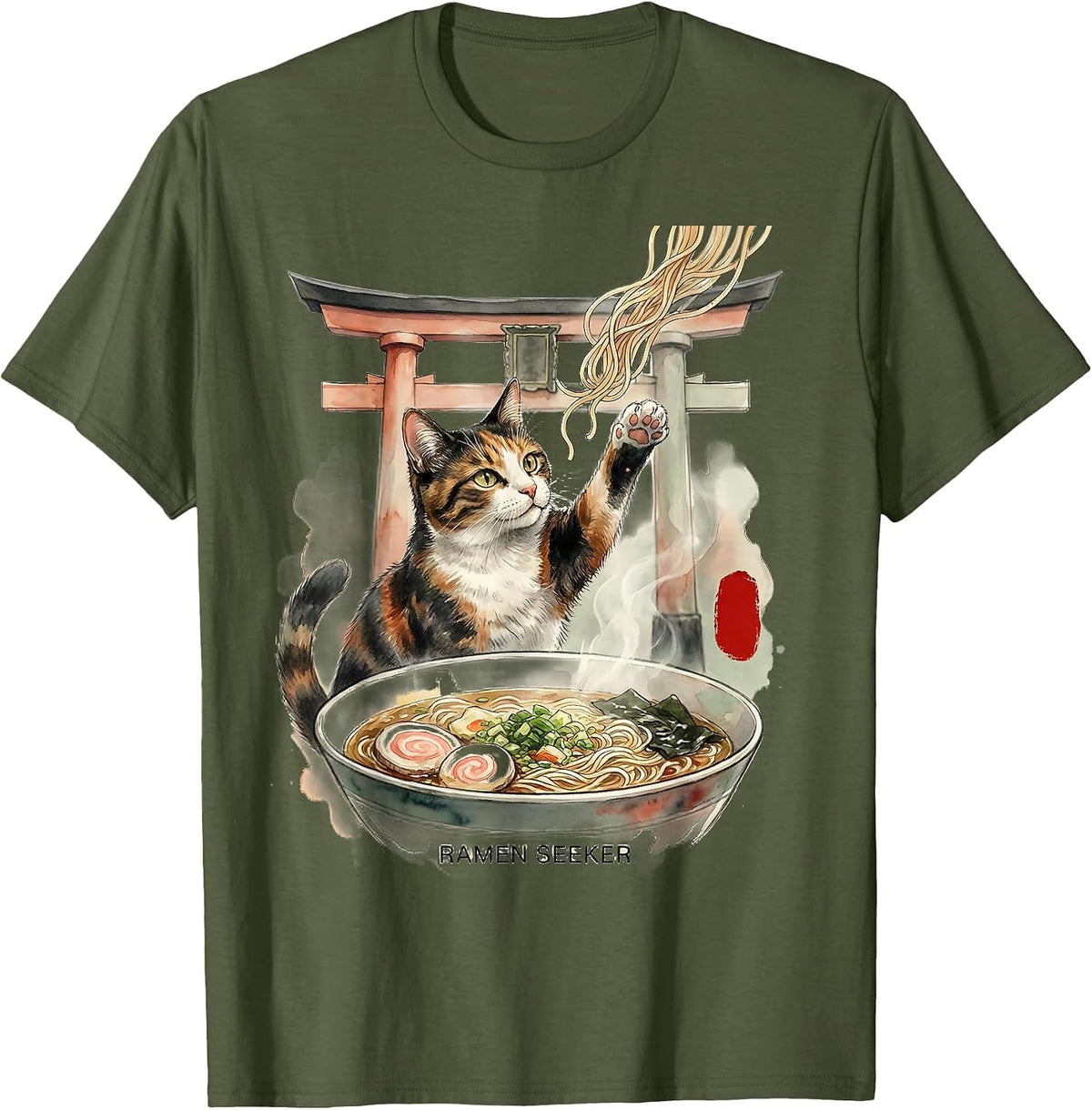Ramen Seeker Watercolor Cat Japanese Kawaii Anime Gift T-Shirt - Olive Green
