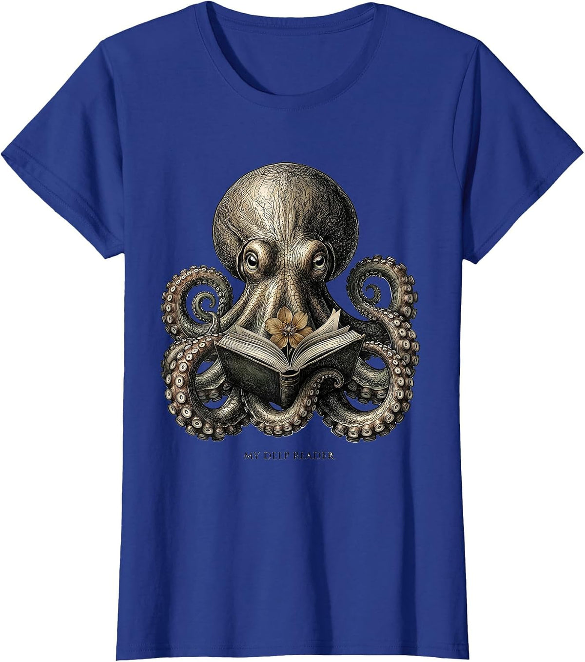 Women's My Deep Reader Botanical Octopus Book Lover Reader Art T-Shirt - Royal Blue