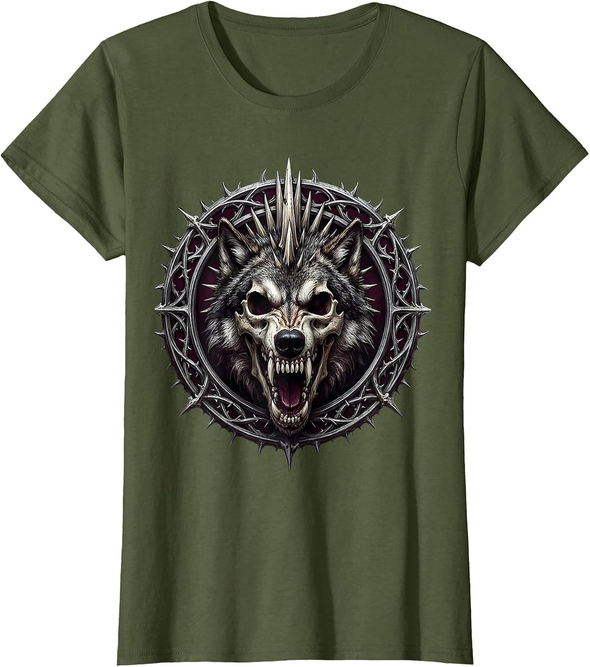 Women's Grunge Wolf Skull Mohawk Snarl Graphic T-Shirt - Olive Green