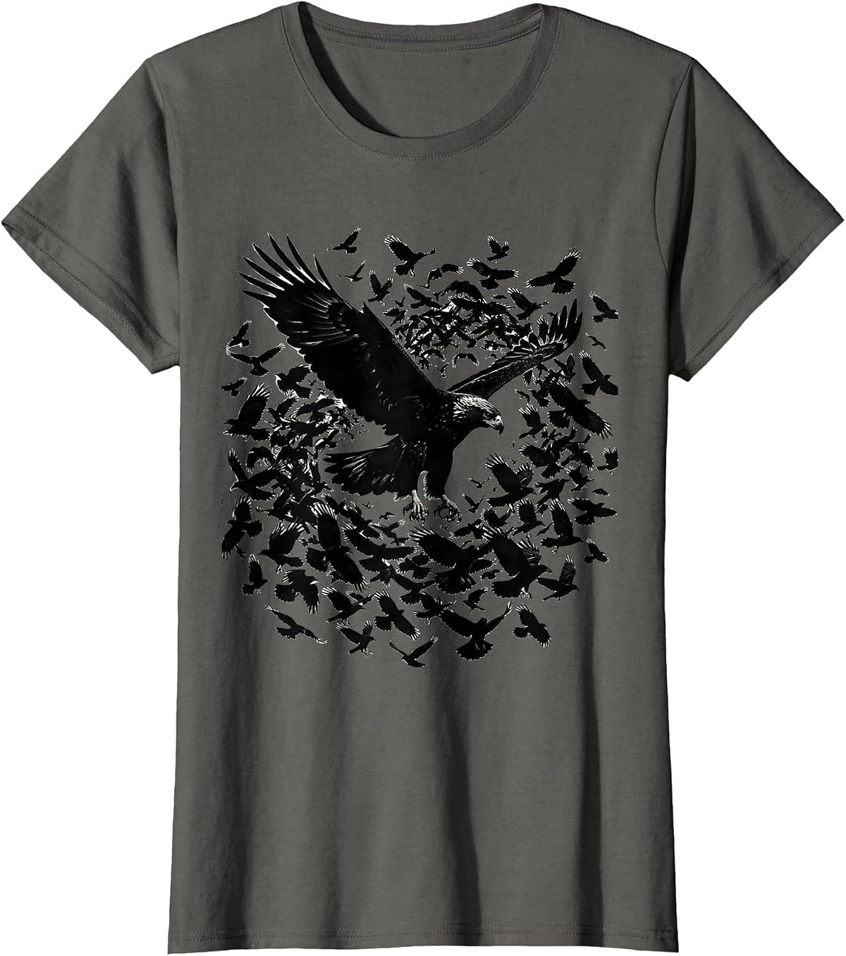 Women's Crow Mob vs Soaring Hawk Wildlife Illustration T-Shirt - Asphalt Grey