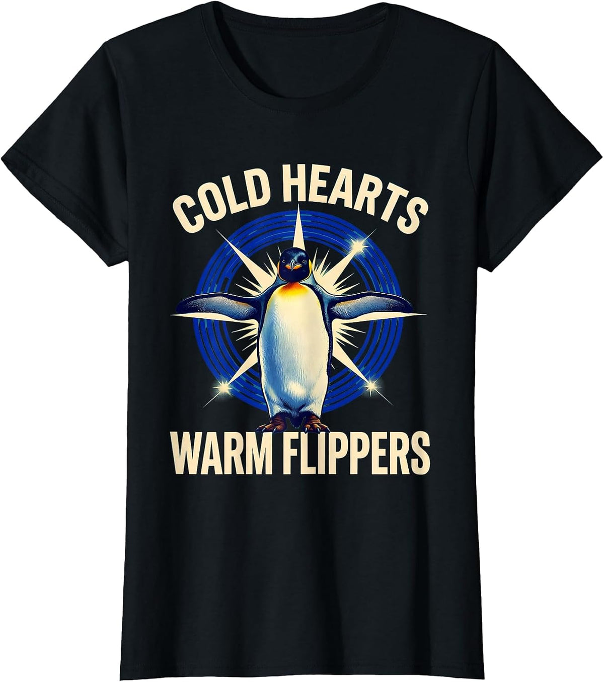 Women's Cold Hearts Warm Flippers Penguin Design T-Shirt - Black