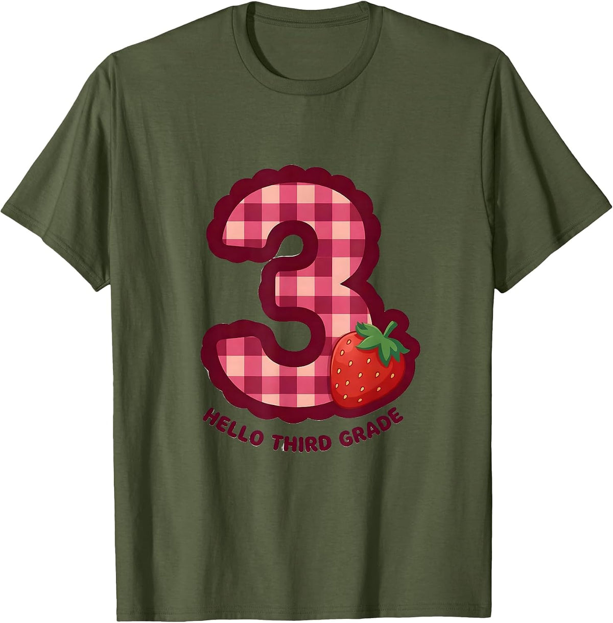 Men's Hello Third Grade Cute Gingham Picnic Teacher Student Back T-Shirt - Olive Green