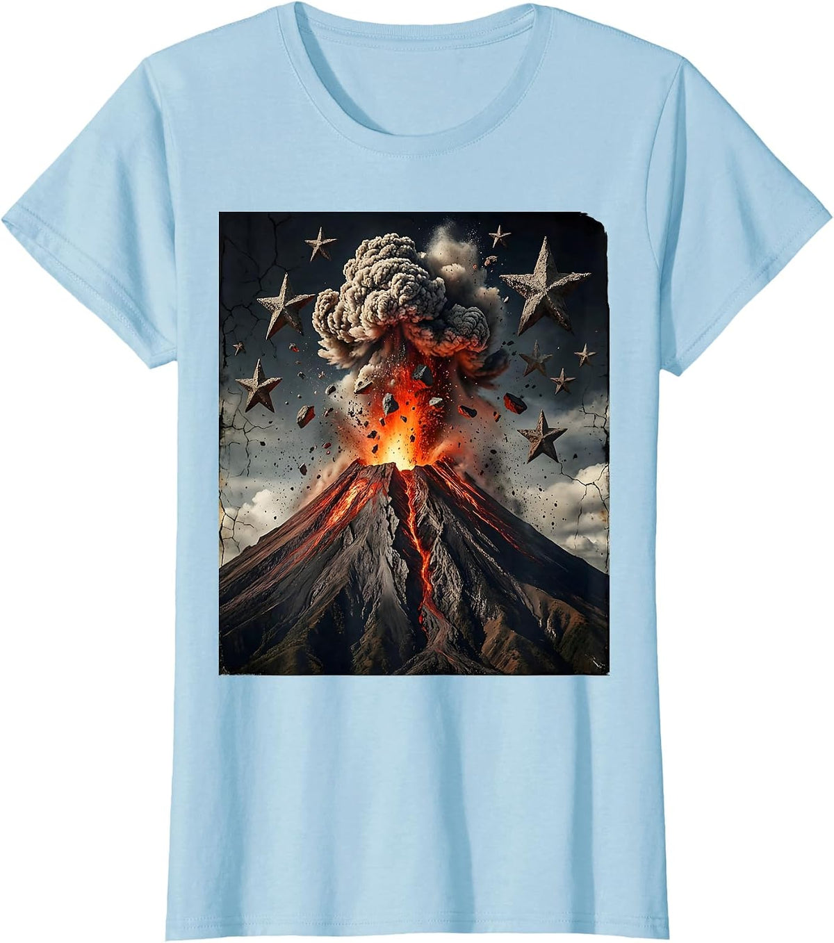 Red Volcano Erupting Under Starlit Sky Design T-Shirt - Baby Blue