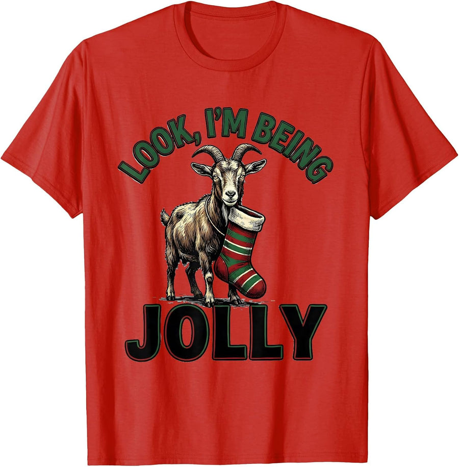 Men's Look, I'm Being Jolly Grumpy Goat Christmas Humor Pet Lover T-Shirt - Red