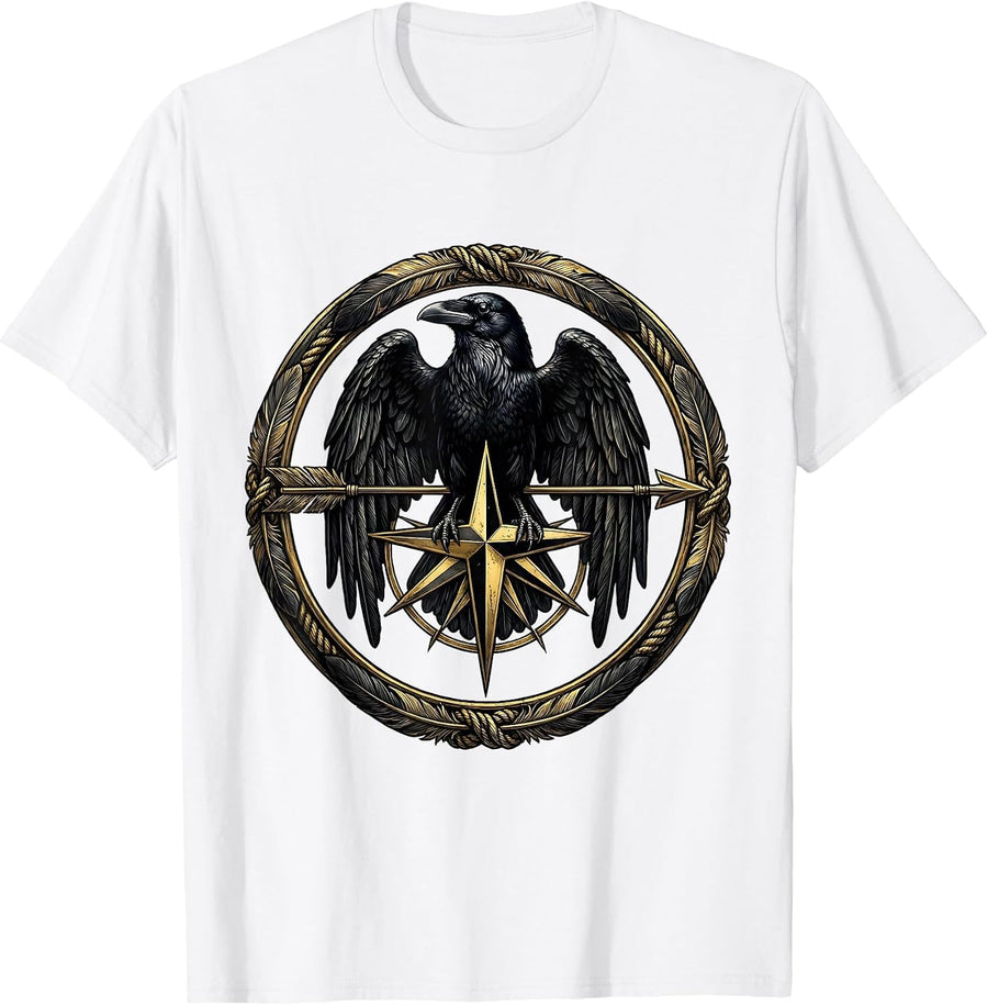 Men's Crow Arrow Compass Rose Tattoo Style Graphic T-Shirt - White