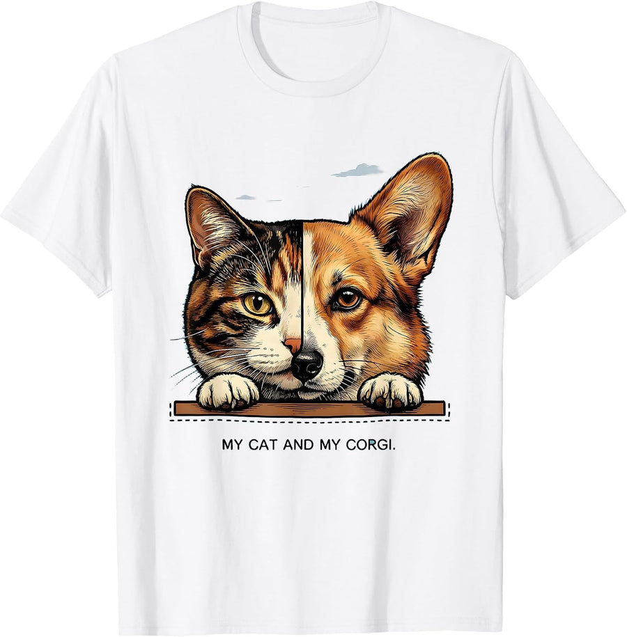 Men's My Cat And My Corgi Funny Pet Lover Gift For Cat Owners T-Shirt - White