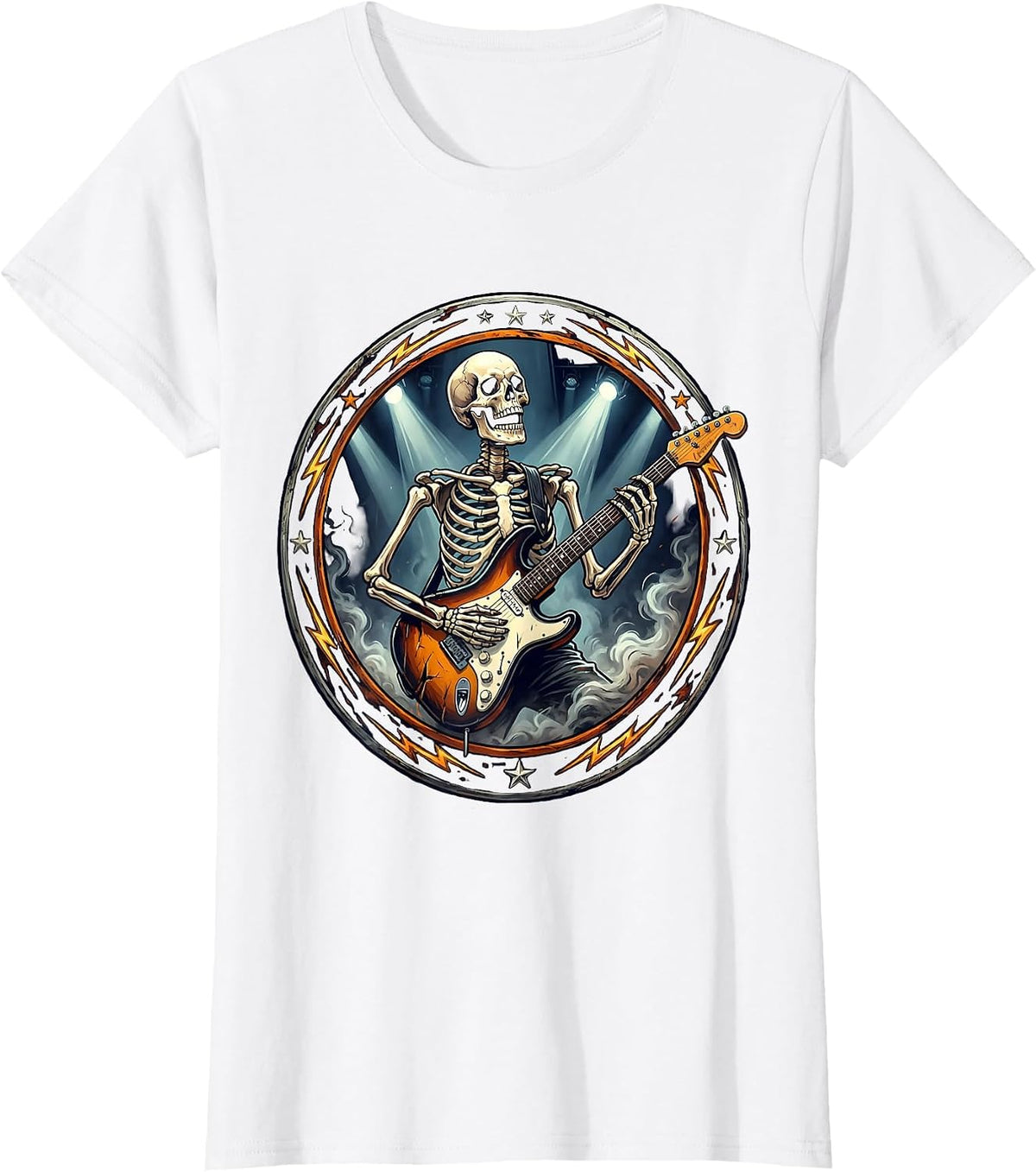 Skeleton Electric Guitar Player Stage Rock Art T-Shirt - White