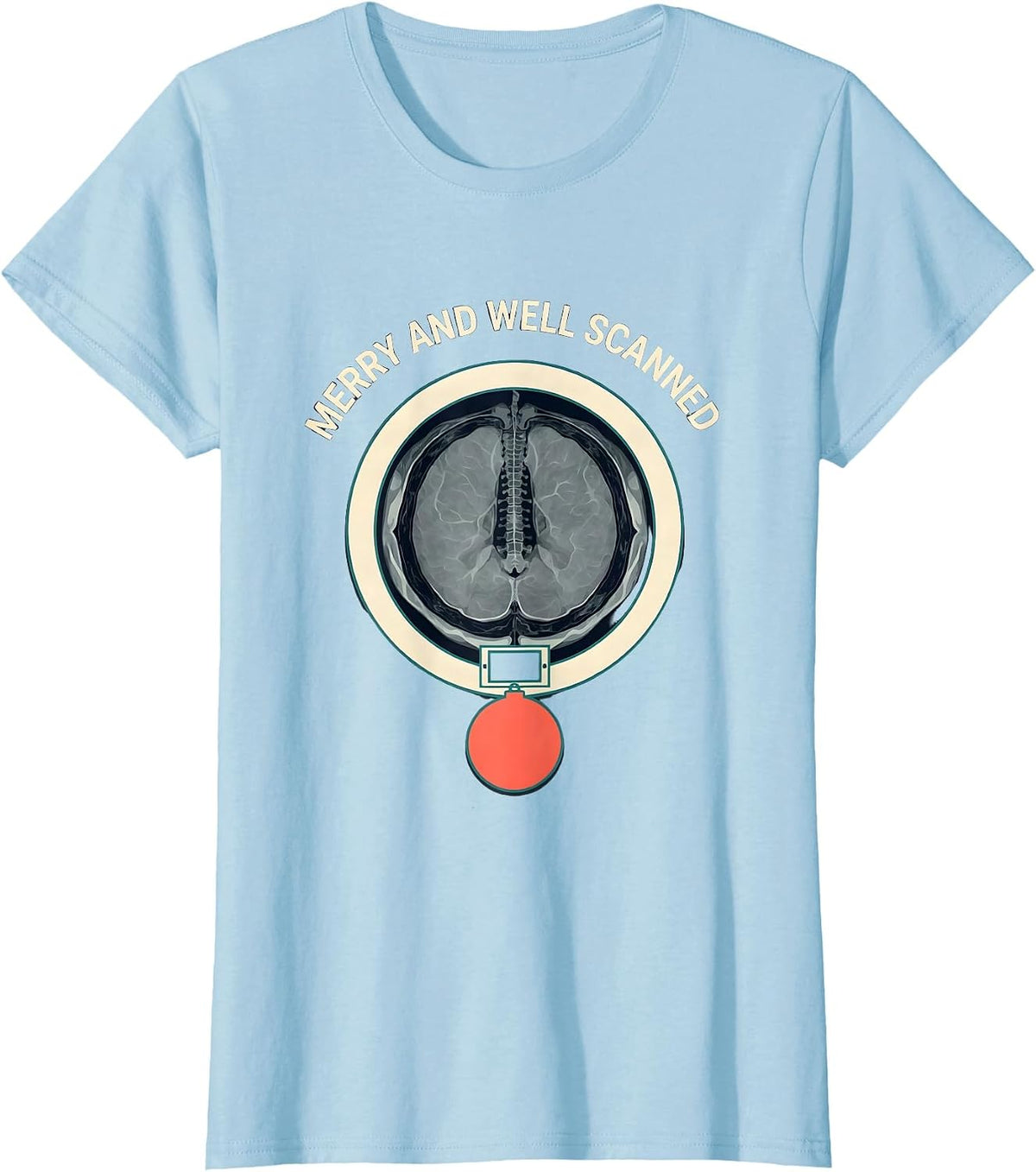 Merry And Well Scanned Radiology Tech Christmas Skeleton Pun T-Shirt - Baby Blue