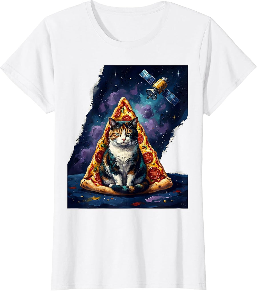 Women's Deadpan Cat In Pizza Slice Space Meme Humor T-Shirt - White