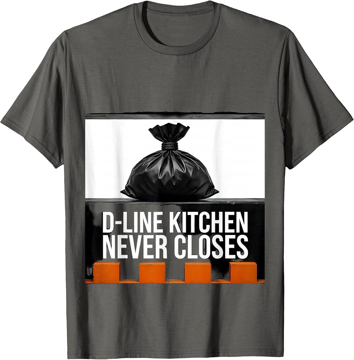D-Line Kitchen Never Closes Brutalist Football Lineman Humor T-Shirt - Asphalt Grey