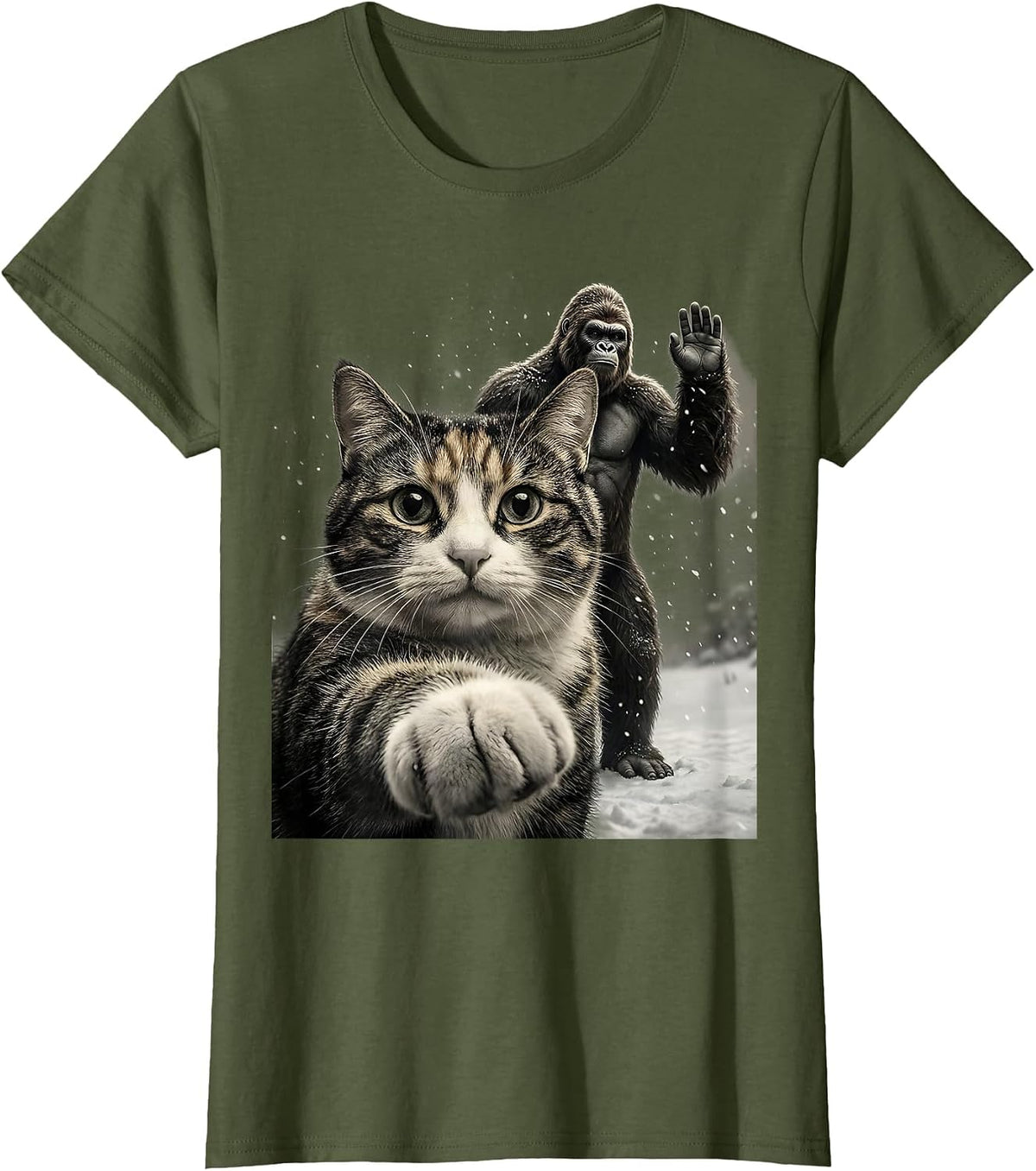 Women's Cute Cat Selfie With Sasquatch Funny Cryptid Meme T-Shirt - Olive Green