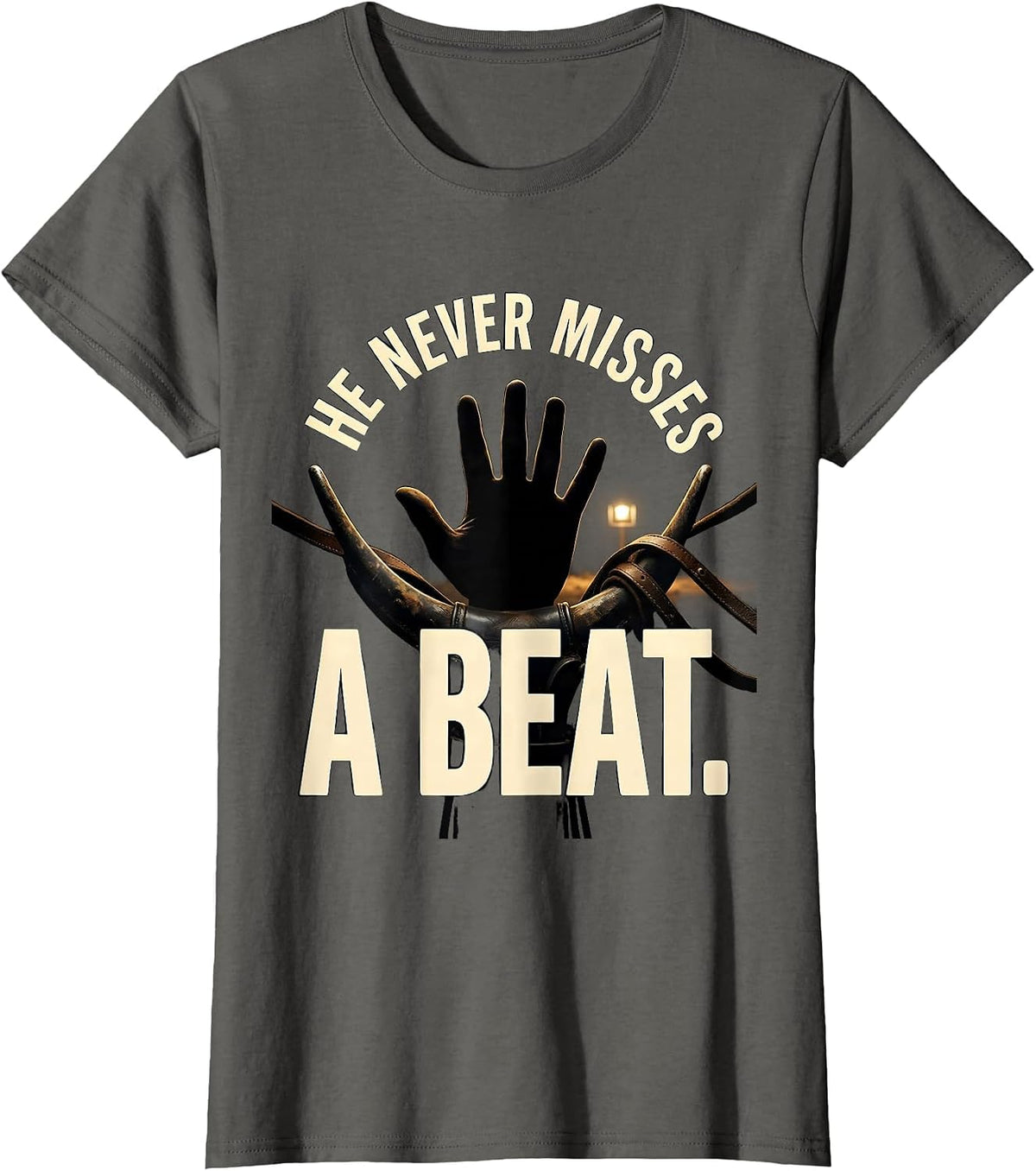 Women's He Never Misses A Beat Christian Horseback Rider Faith Humor T-Shirt - Asphalt Grey