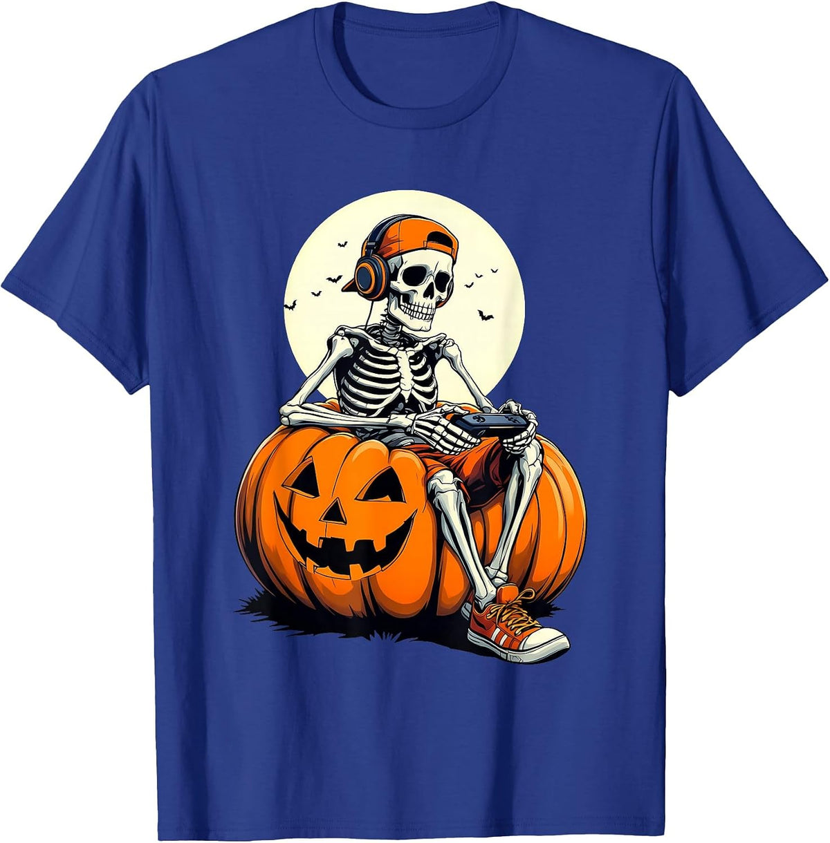 Spooky Pumpkin & Skeleton Gamer Tee | Boys & Kids Halloween T-Shirt - Royal Blue