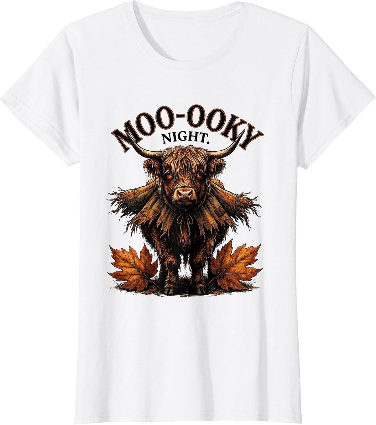 Moo-ooky Night Whimsical Highland Cow Halloween Fall Costume T-Shirt - White