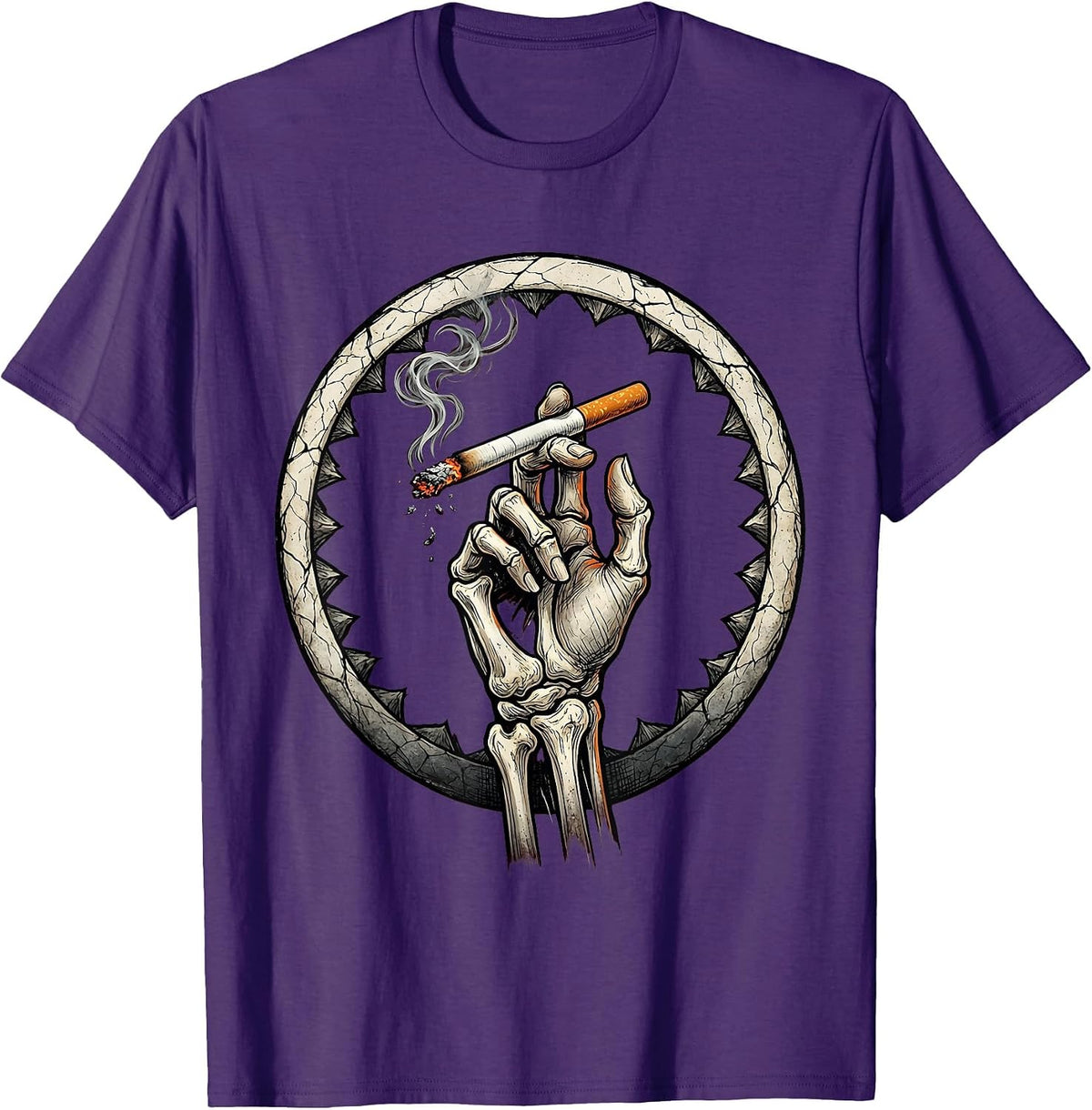 Grunge Skeletal Fingers Burning Cigarette Art T-Shirt - Purple