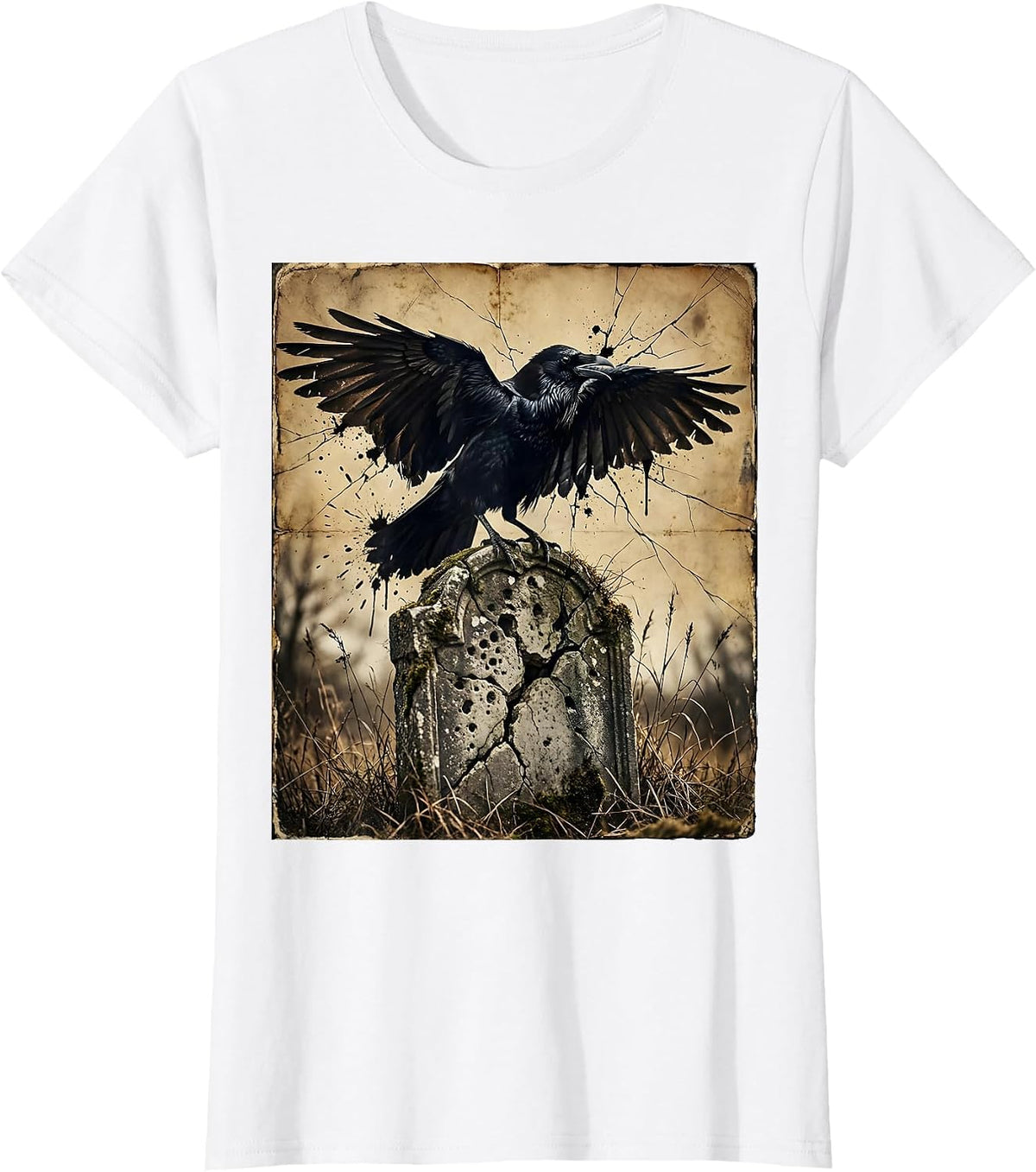 Crow on Gravestone Spooky Season Halloween Art T-Shirt - White